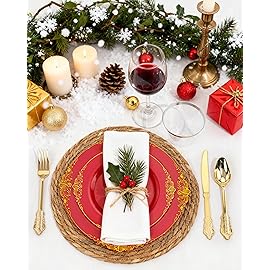 Nervure 350PCS Red Plastic Plates - Red Gold Plastic Dinnerware Sets for 50 Guests - 100 Gold Disposable Plates, 50 Pre Rolled Silverware Sets, 50 Cups Perfect for Wedding & Party & Christmas