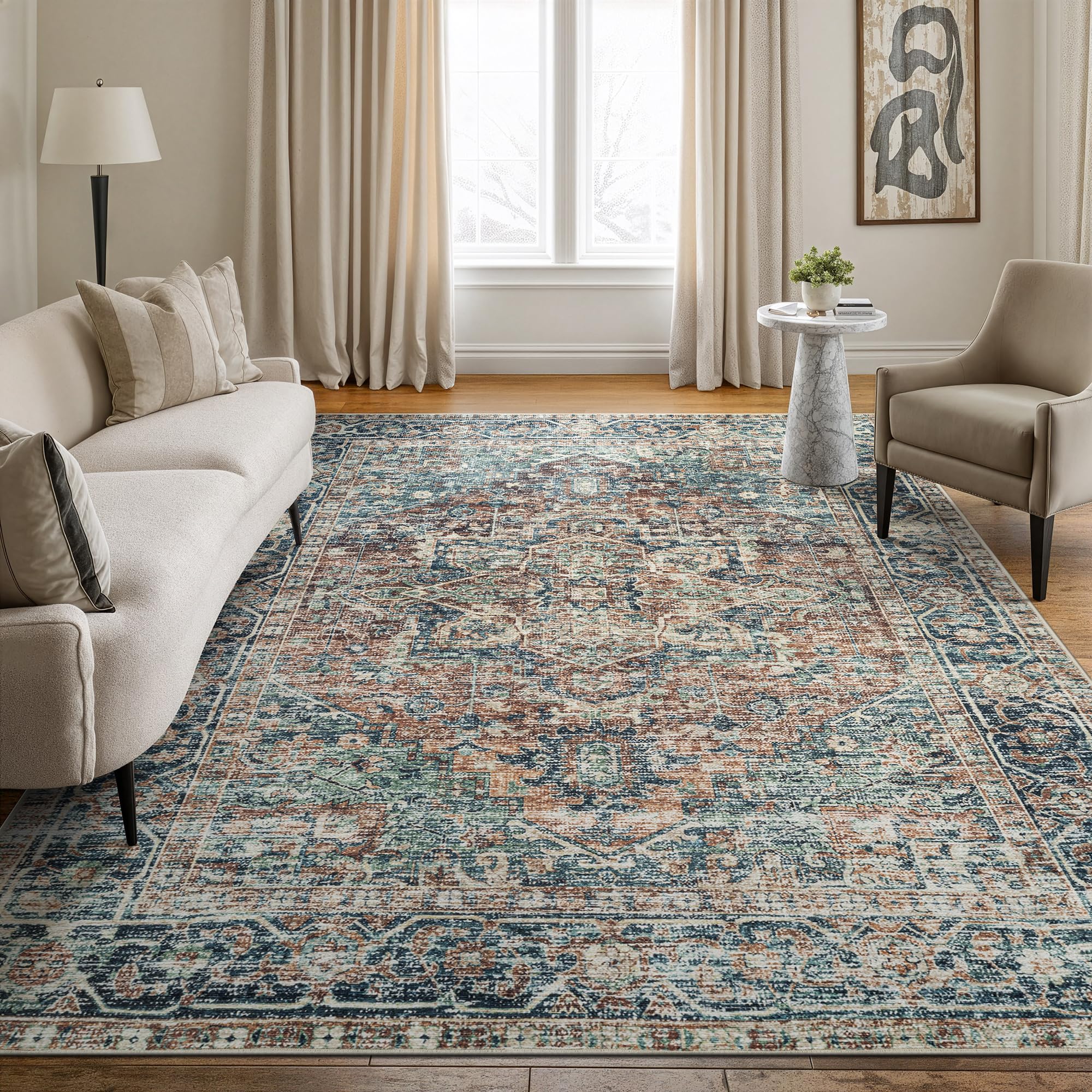Bloom Rugs Caria Washable Non-Slip 8x10 Rug - Blue Green/Tangerine Traditional Area Rug for Living Room, Bedroom, Dining Room, and Kitchen - Exact Size: 7'8" x 10'