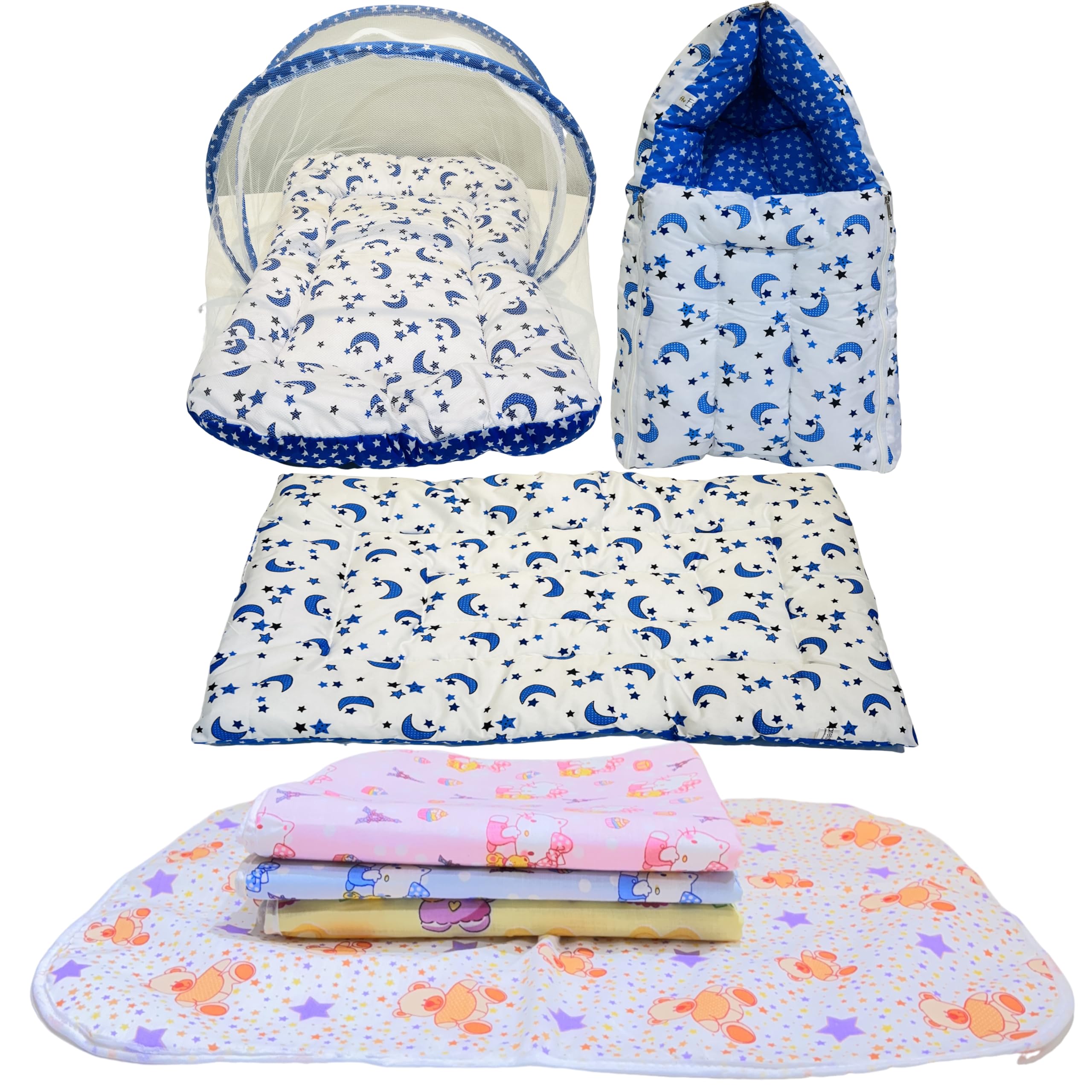 Infantbond Combo of Baby Bed with Net | Sleeping Bag | Bedding Set | 4 Waterproof Sheets(0-6 Months) (Moon Blue)