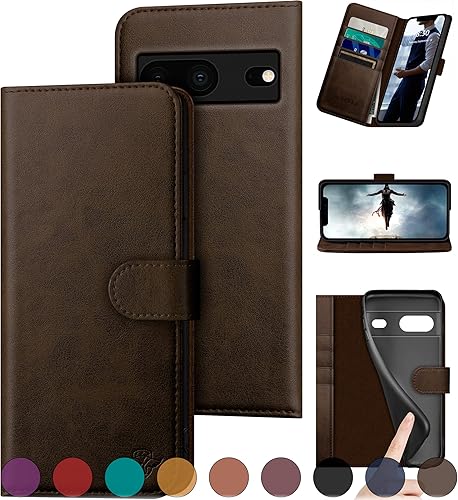 Funda tipo cartera de piel auténtica para Google Pixel 7 5G Bloqueo RFID4 tarjeteros de créditoCuero auténtico Funda protectora para teléfono con