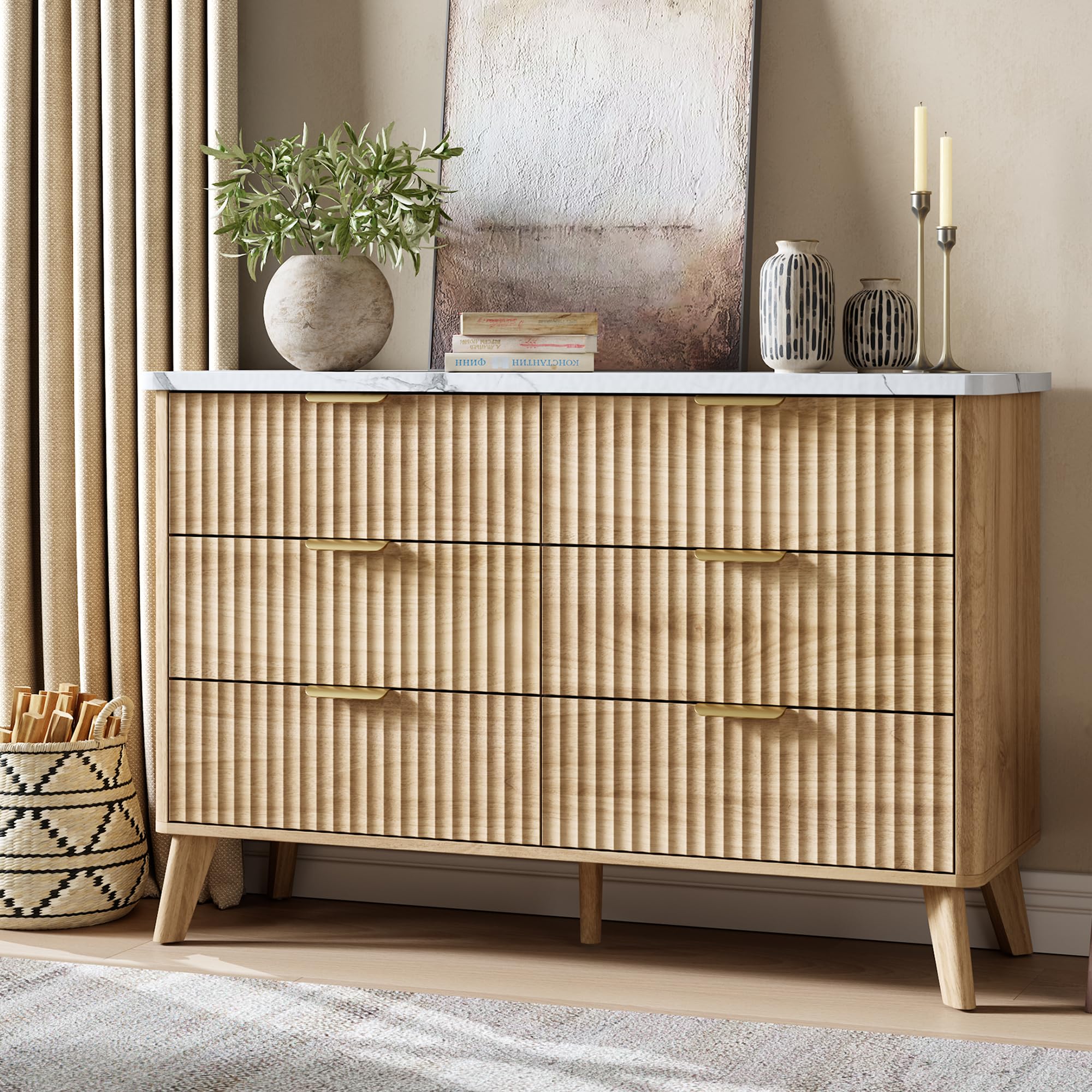 Fluted Dresser for Bedroom with 6 Deep Drawers, 47.2 in Tall Chest of Drawers with Faux Marble Top, Curved Profile Design, Modern Wooden Dresser, for