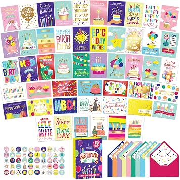 Decorably 50 Pack Foiled & Glittery 6x4in Assorted Adult & Kids Happy Birthday Cards Bulk with Envelopes & Stickers, 50 Unique Designs for Family, Friends & Loved Ones, Printed Message - Gifting