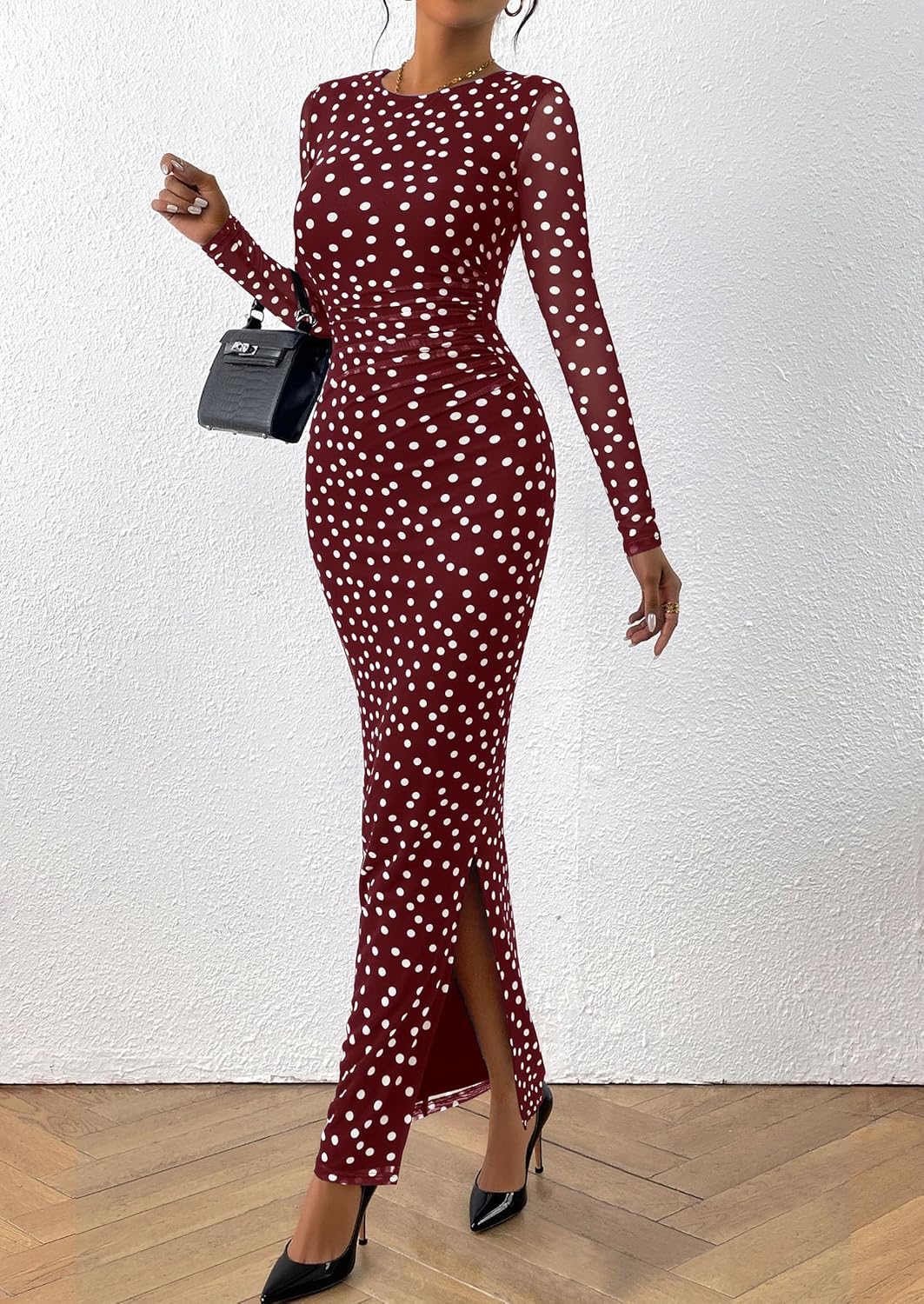 PRETTYGARDEN Women's Bodycon Maxi Dress Fall Spring Fashion Long Sleeve Floral Print Tight Fitted Party Club Ruched Dresses - Image 3