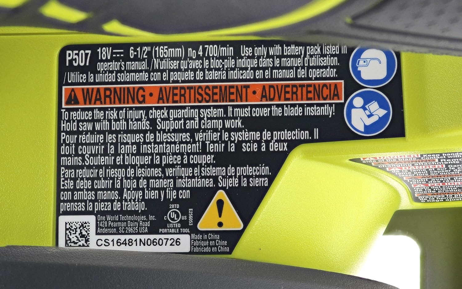 Ryobi P507 circular saw battery compartment