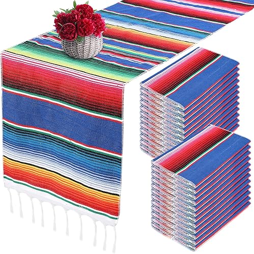 24 piezas de camino de mesa de sarape mexicano tejido a mano con flecos de algodón, camino de mesa colorido a rayas mexicanas para decoraciones de