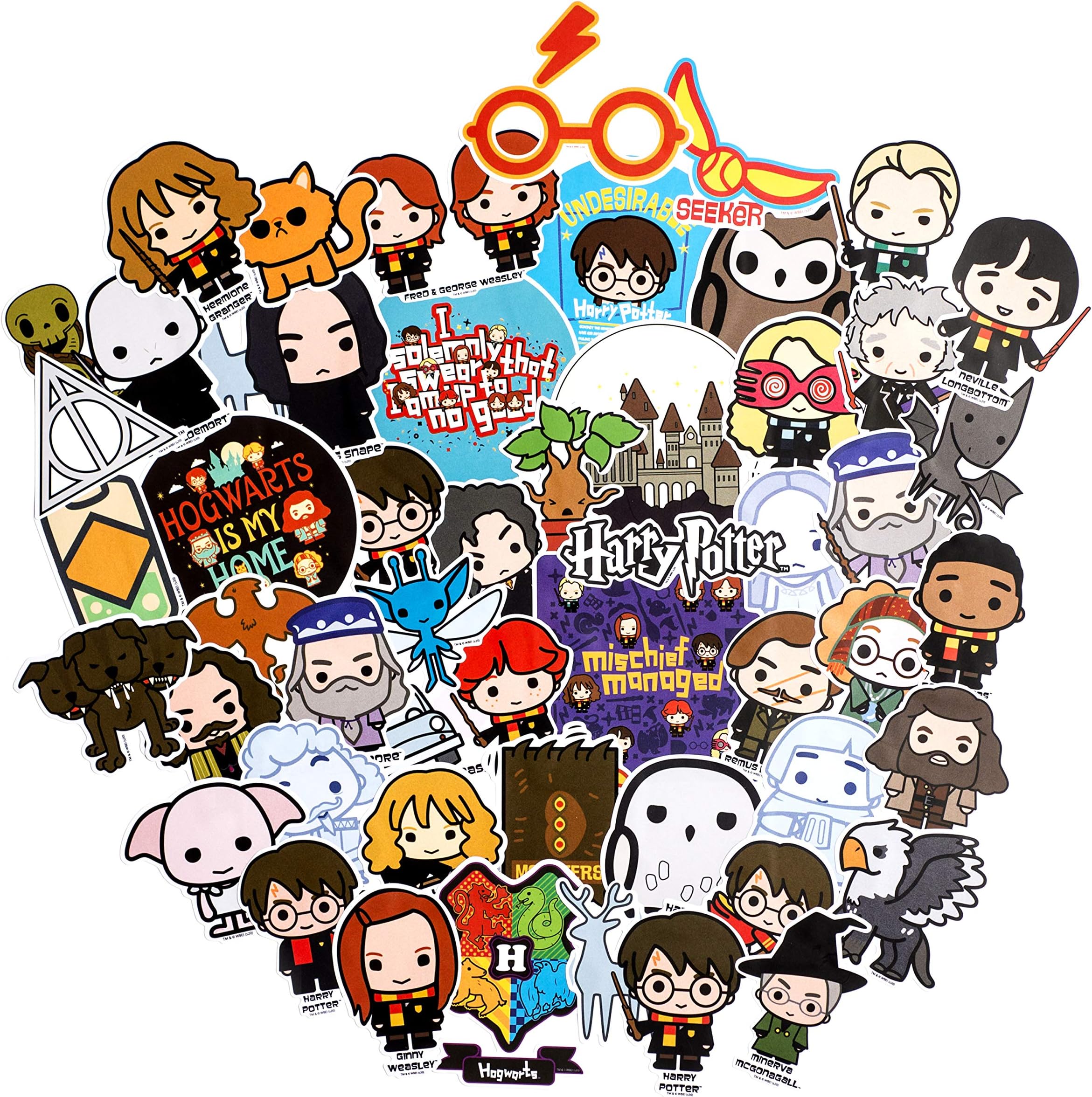 Conquest Journals Harry Potter Chibi Vinyl Decal Stickers, Set of Unique Sticker Decals, 5 Holograms, Waterproof, UV & Scratch Resistant, Great for Gadgets, Officially Licensed (White Vinyl, 60-Pack)