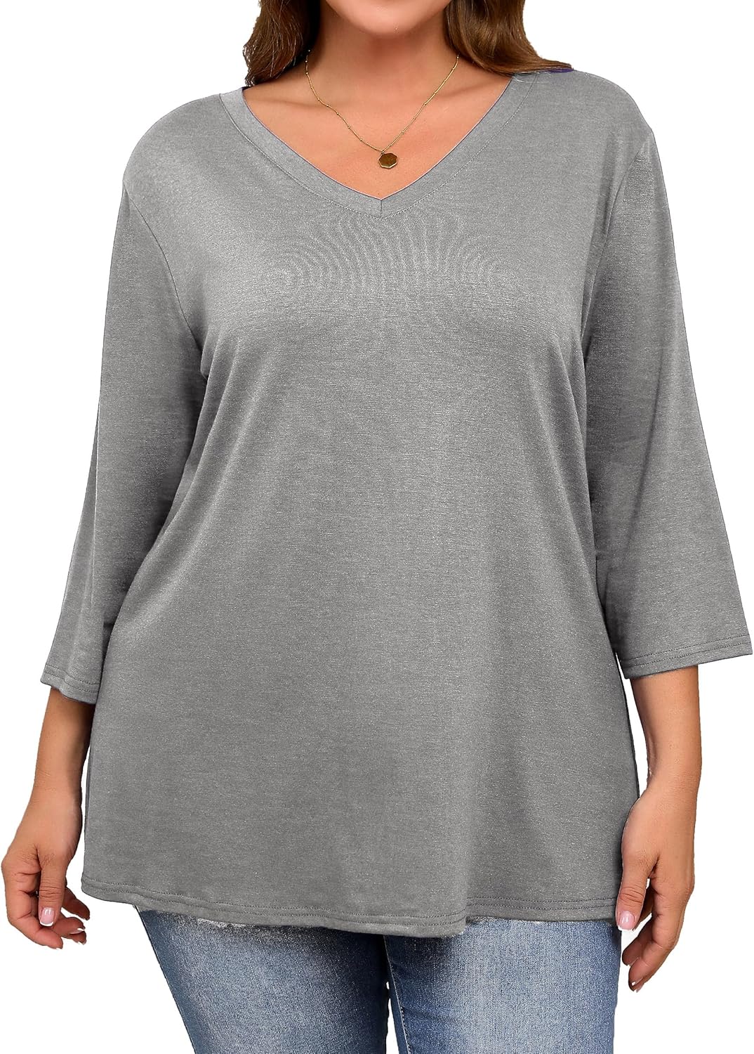 Plus Size V Neck 3/4 Sleeve Tops Women Shirts Tunic Loose Fit Casual Tee - Image 3