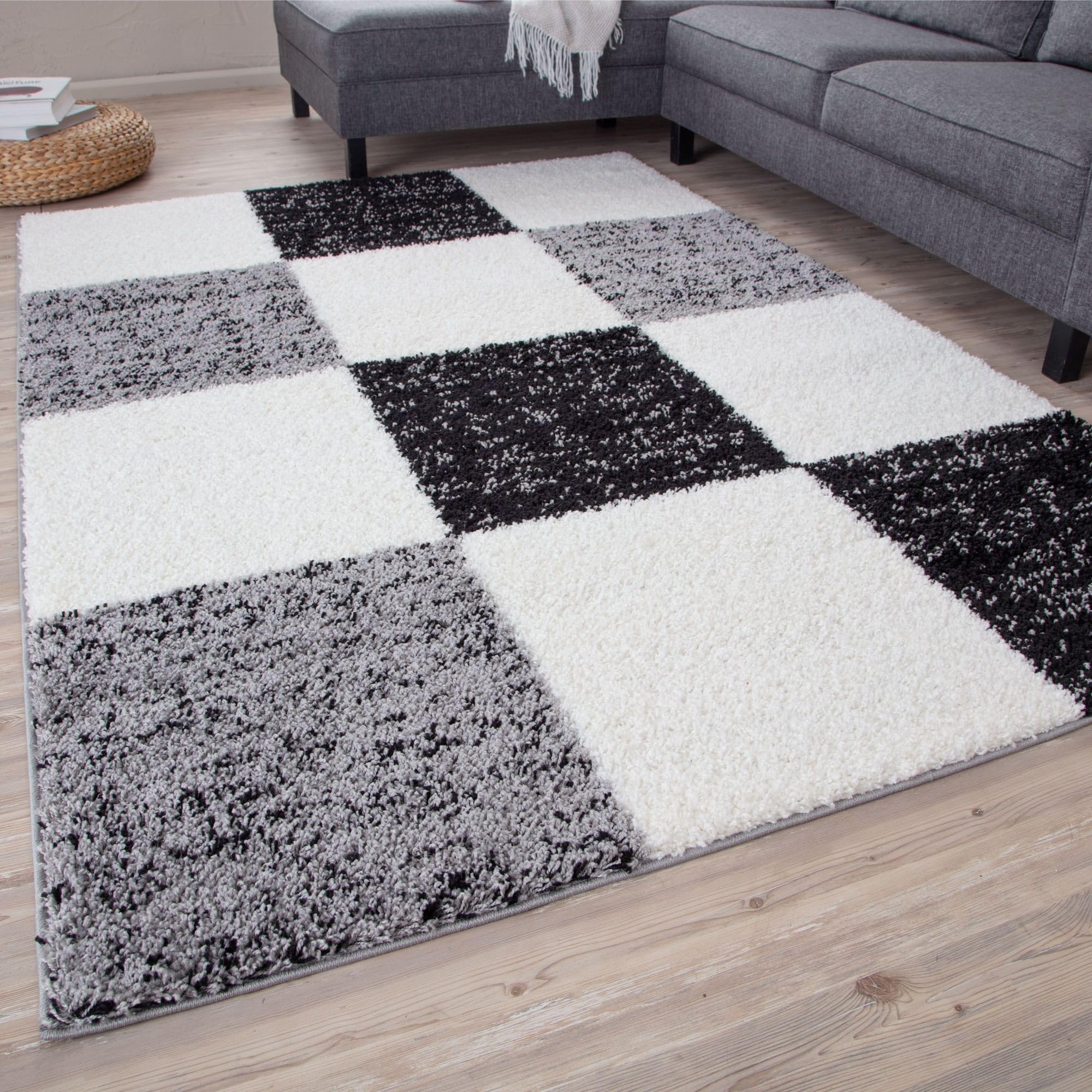 THE RUGS Area Rug – Modern Luxury Shaggy Rug, Multicolour Pattern Carpet, Ultra Soft for Bedroom, Living Room, Kids Room, (240x340 cm, Grey)