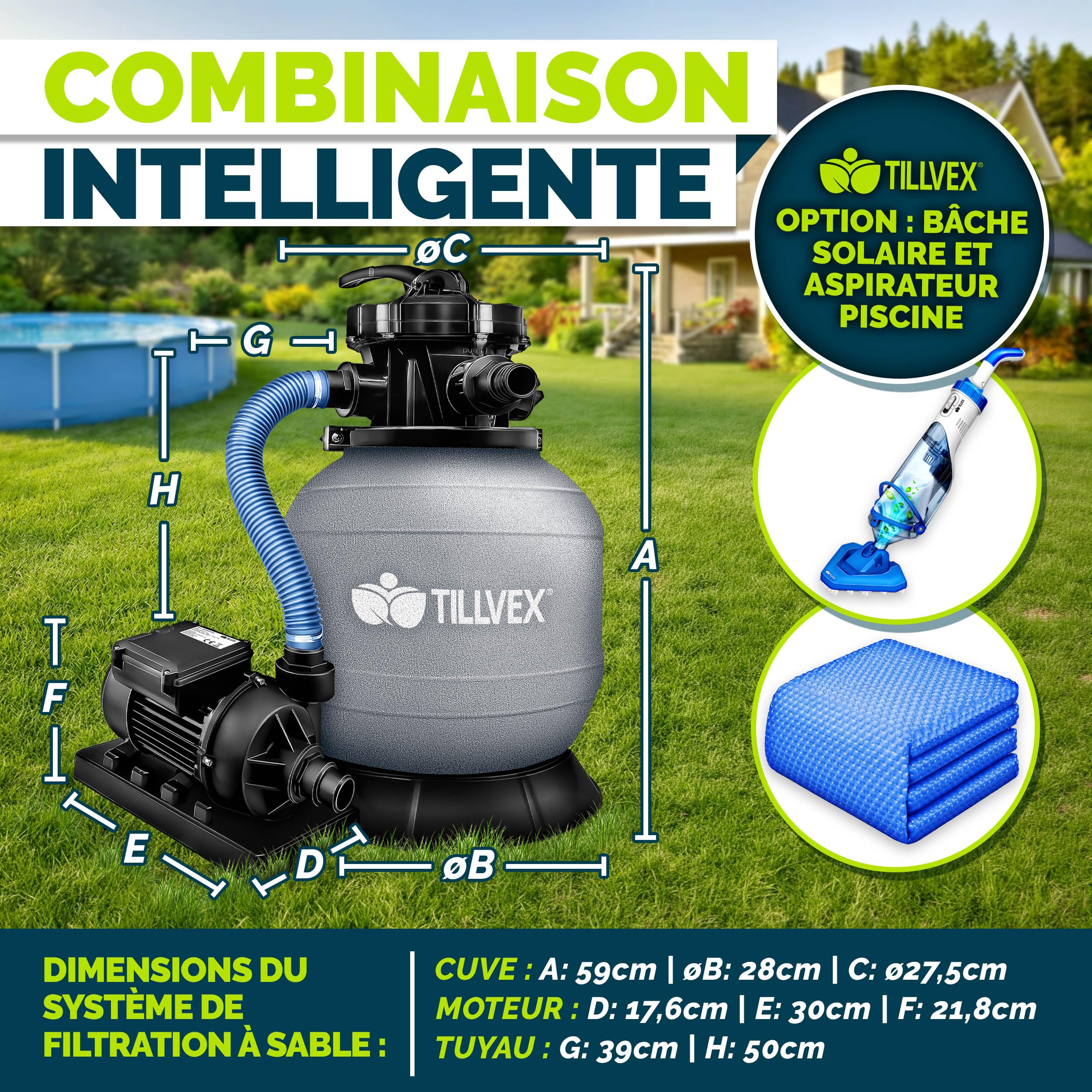 tillvex® Système de Filtre à Sable 7.900L/h + 400g Boules de Filtre | 7 Fonctions de Filtration & Adaptateur 2en1 Ø32-38mm | Filtre de piscine avec indicateur de pression (Gris)