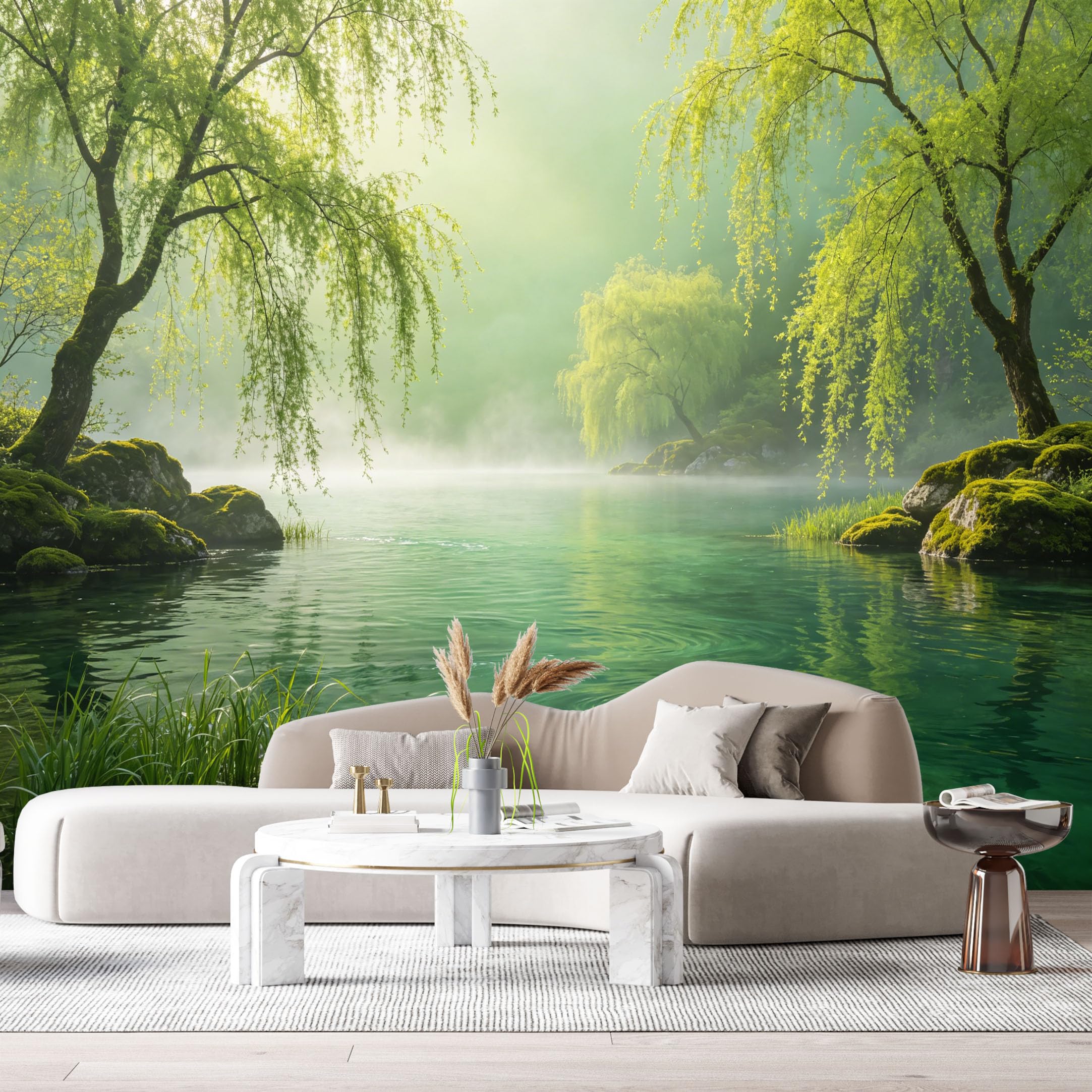 Custom Size Wall Murals Misty Lake Landscape Watercolor Green Willow Trees Reflection SelfAdhesive Wall Fabric Removable Large Wallpaper for Photo Living Room