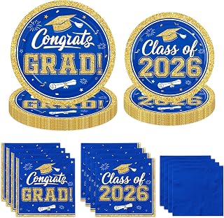 Graduation Plates and Napkins 2026,200pcs Blue and Gold Graduation Decorations 2026 Disposable Congrats Grad Paper Plates for Class Of 2026 Party Supplies,Serve 50