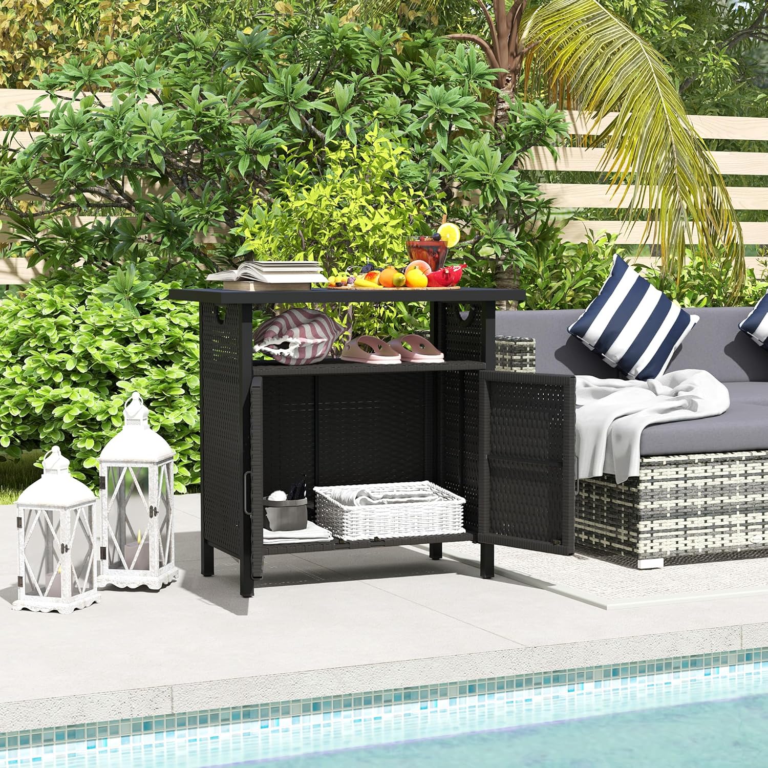 Outsunny Outdoor Pool Towel Storage Cabinet Organizer, Outdoor Bar Table with Shelf and Cabinet, Pool Towel Holder Pool Valet with Weather-Resistant PE Rattan and Steel Frame, Espresso