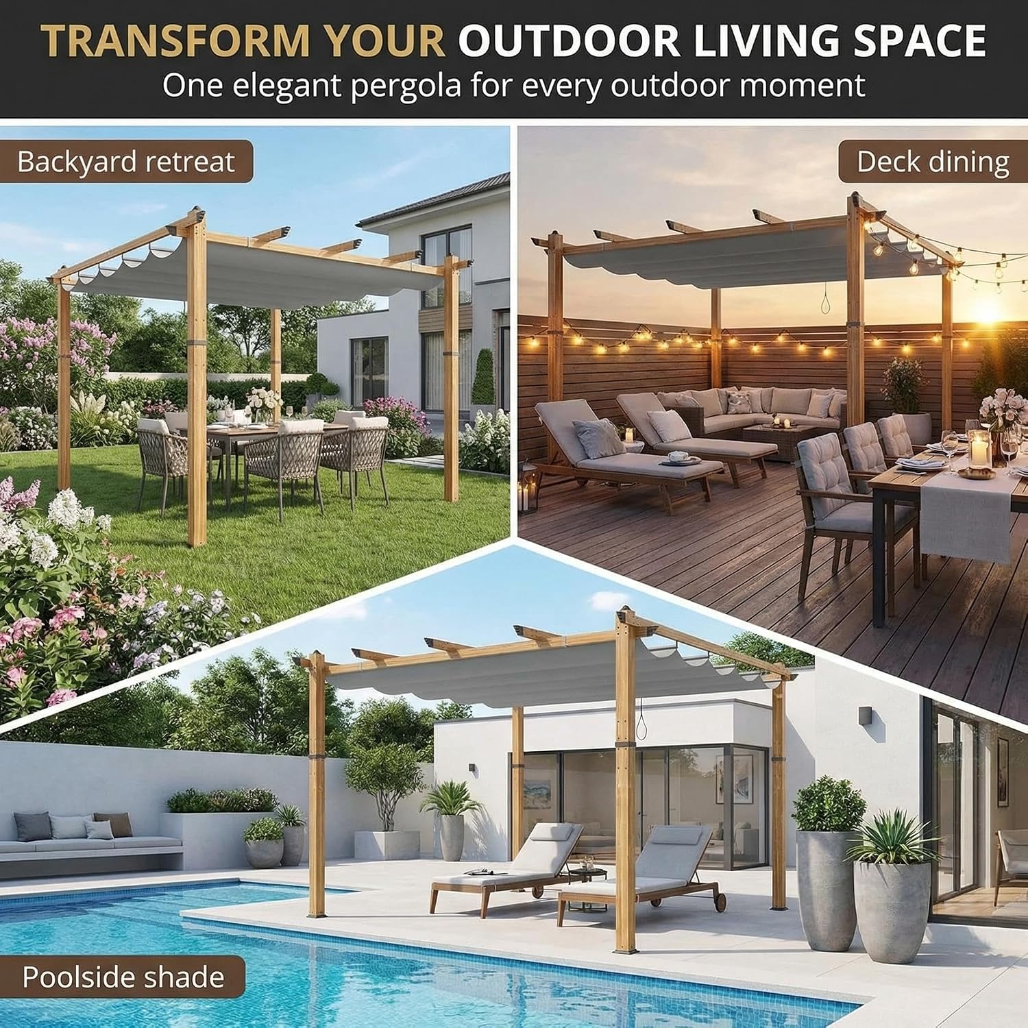 Outdoor Pergola 10x10 ft, Wood-Grain Aluminum Patio Pergola with Retractable Canopy for Backyard, Deck, Porch, Sun Shade Shelter, Grey