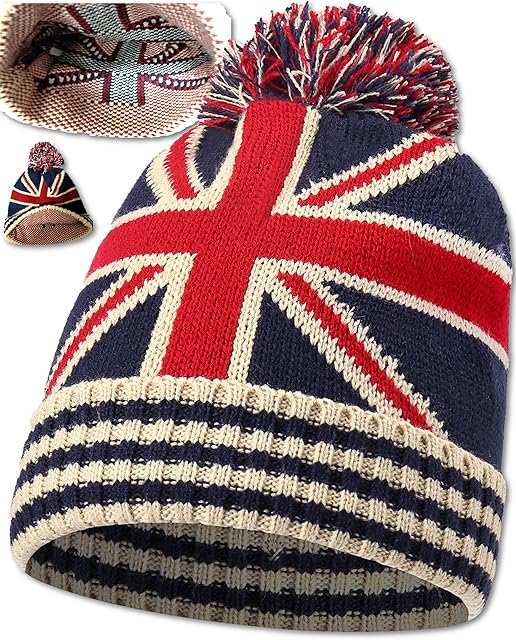 Union Jack Flag Thermal Hat  Bobble Hat  Bob Winter Pom-Pom Cap Smart Fitting, Acrylic Cosy & Comfortable Warm UNISEX - Gift Idea - One Size Fit Most
