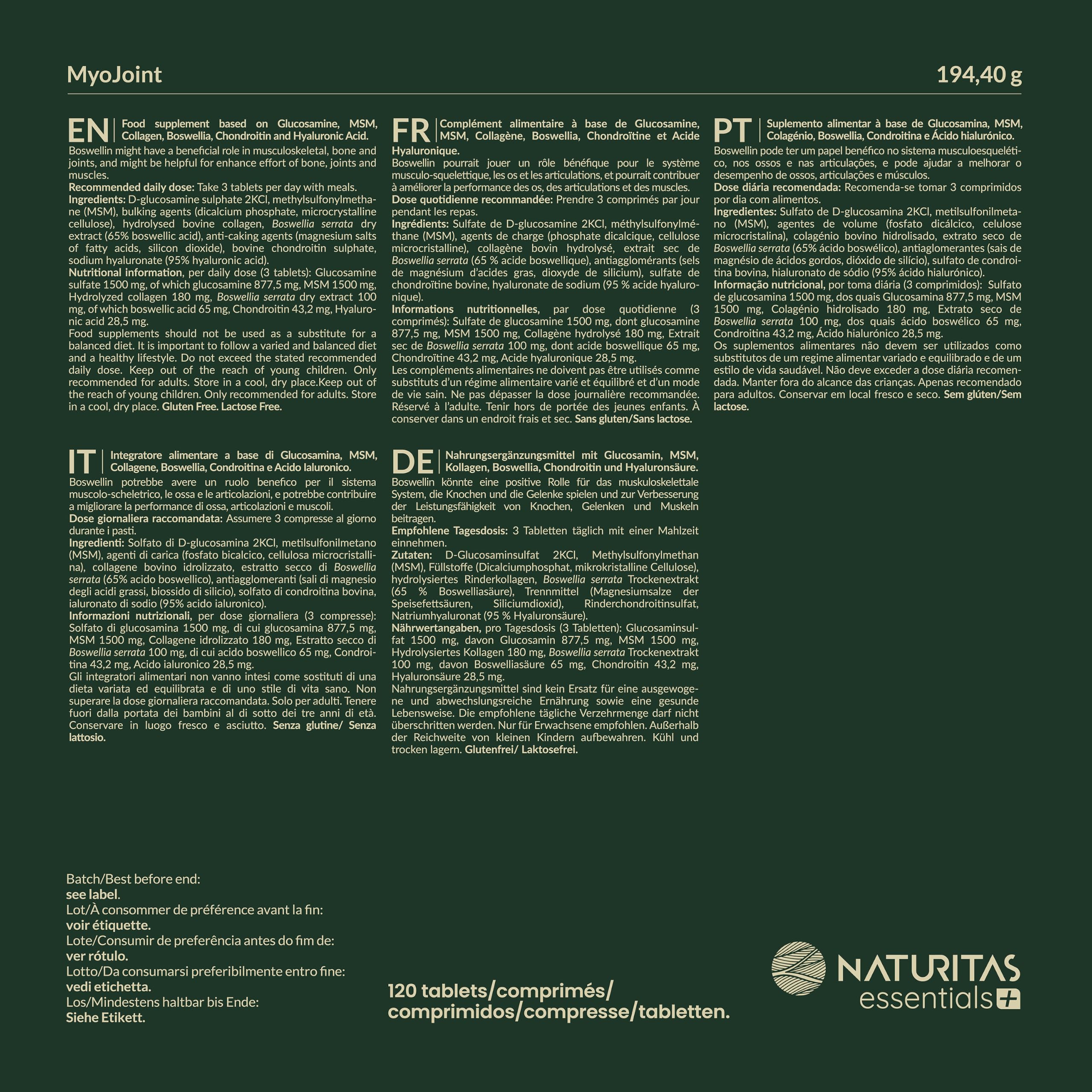 Glucosamina, Ácido Hialurónico, Condroitina, MSM | 120 comprimidos | Naturitas Essentials | Glucosamina + Condroitina + MSM | Fórmula completa para articulaciones | Colágenos y Cartílagos