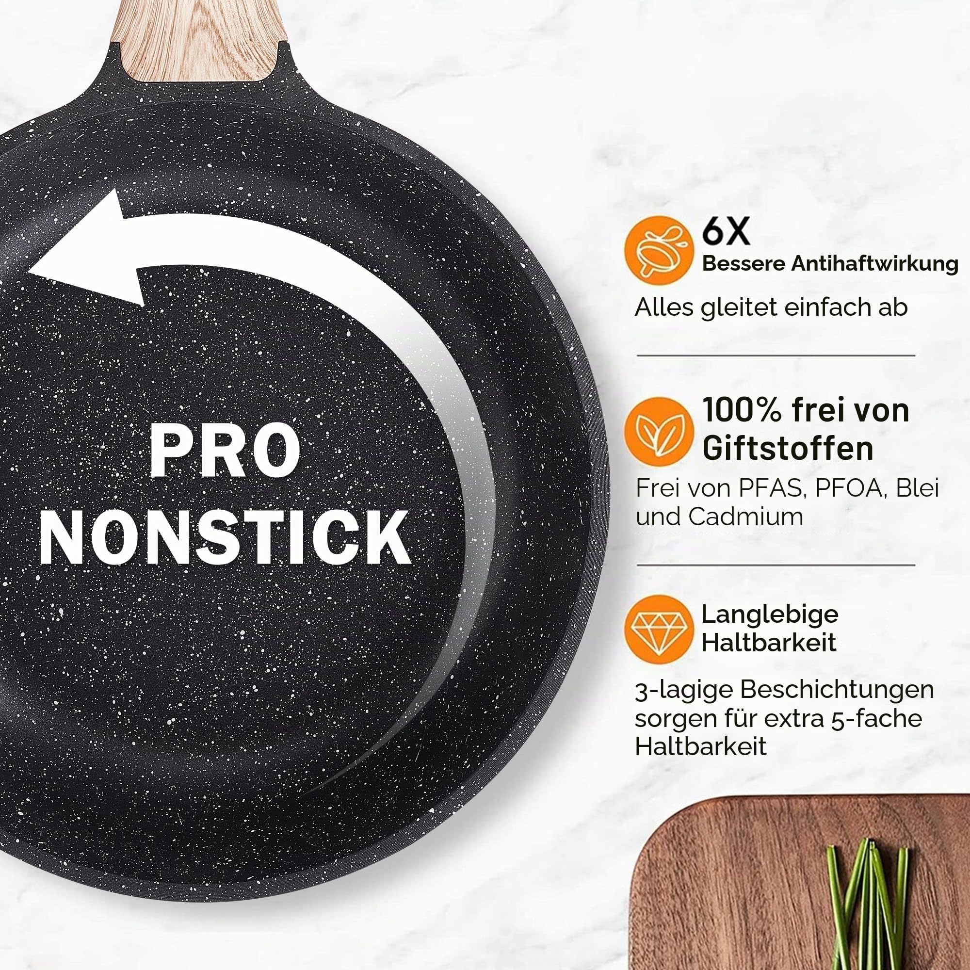 RIOVARM Induktion Töpfe und Pfannen Set mit Deckeln Antihaft beschichtung Granit Kochgeschirr-Set PFOA-frei Kochgeschirr-Set mit Holzmaserungs-Griff Bratpfanne Casserole Backform