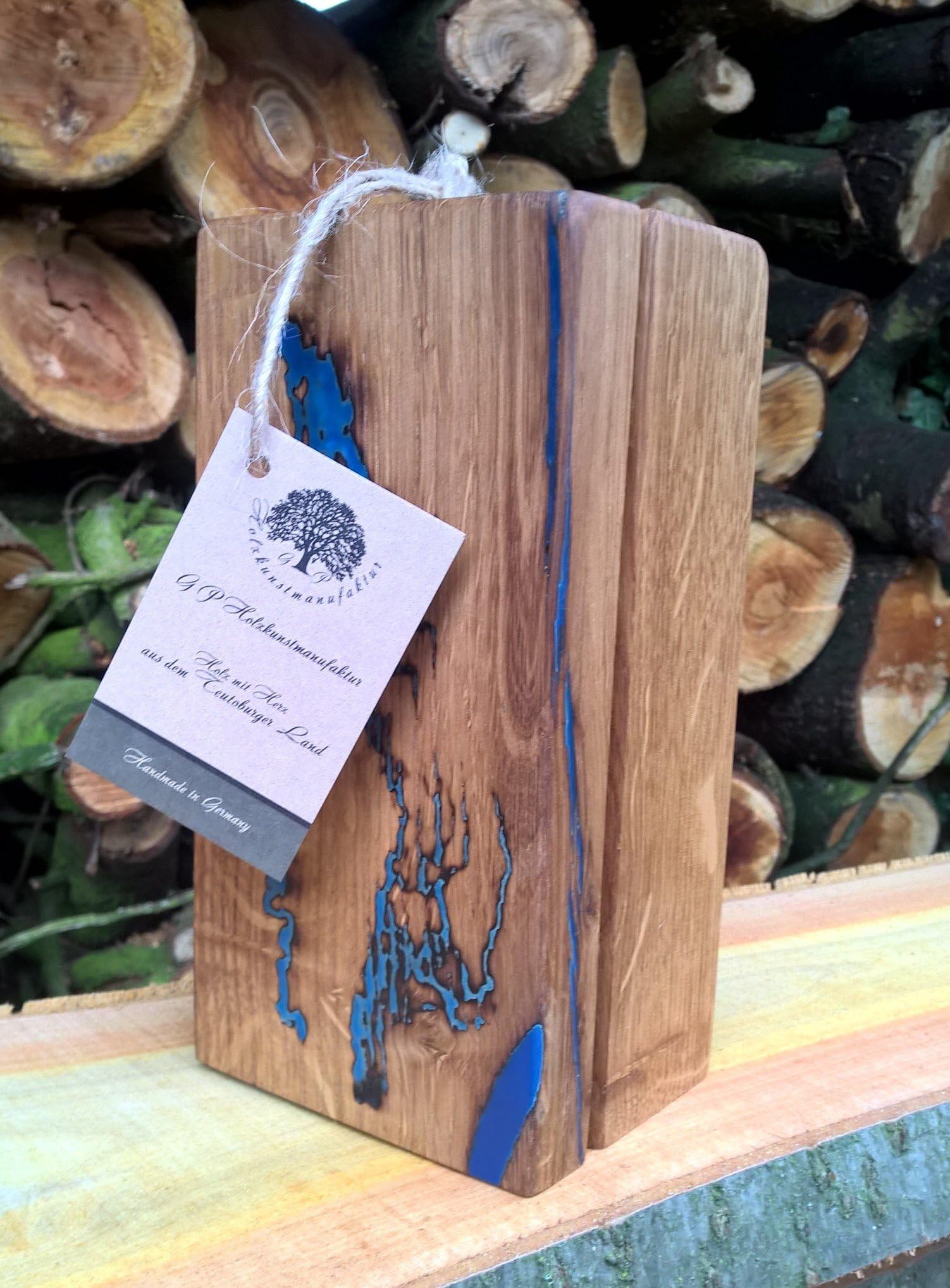 Knife block, solid wood, old oak wood, for 2 knives with glowing in the dark ornaments