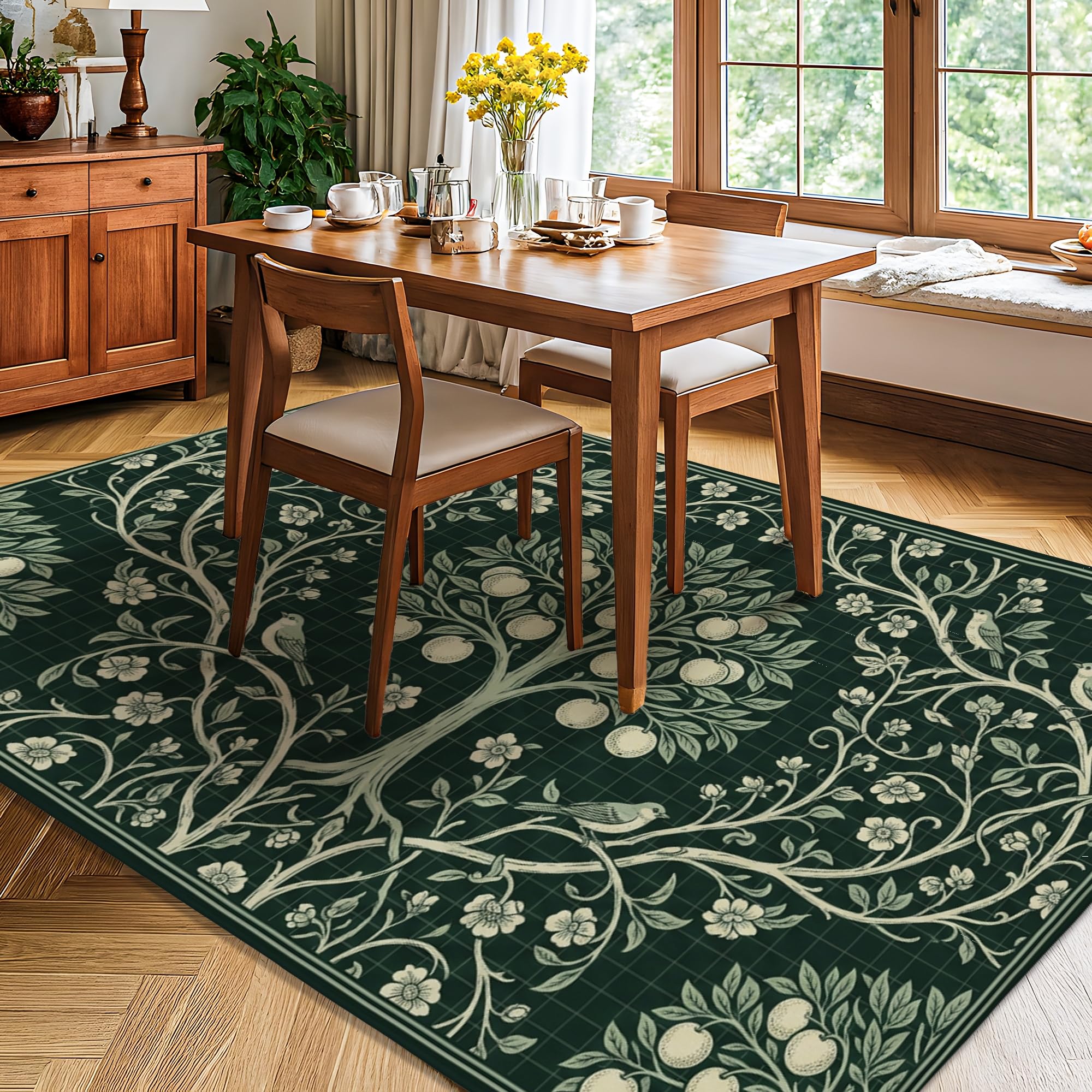 Alfombra de área de árbol, ramas naturales botánicas, flores, color verde primavera, esponja de pelo bajo, alfombra rectangular suave, resistente a las manchas, para sala de estar, recámara