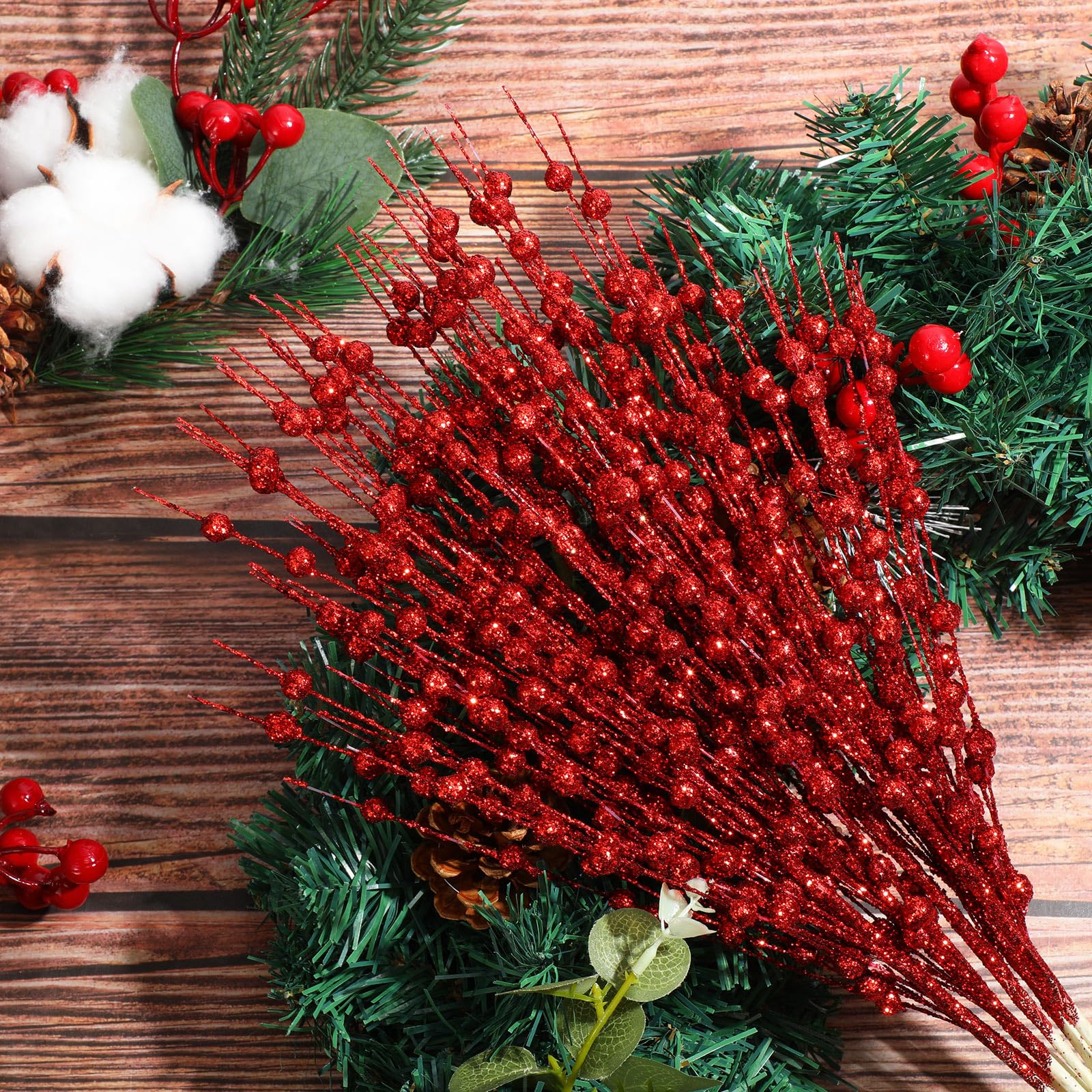 36 Stück Weihnachtsbaum-Plektren, 4 Stile, künstliche Glitzer, Beerenstiel, Weihnachtsschmuck, glitzernde Zweige für Weihnachtsbaum, Weihnachtskranz, Vasenfüller (rot)