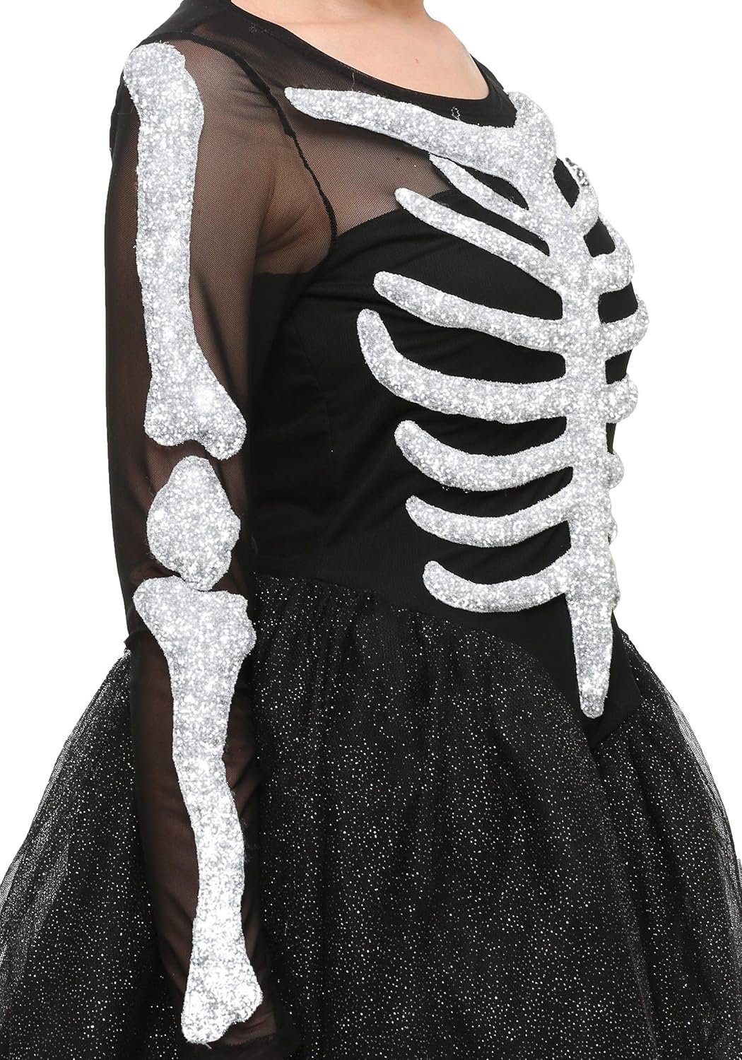 Adult Skeleton Beauty Costume | Womens Ravishing Dress With Mesh Sleeves, Glittery Bone details, Gloves, And Skirt