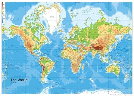 Physical Map of The World - Size A0-84.1 x 118.9 cm - Vinyl | Detailed Laminated Wall Map, Ideal For Home, Office Or Classroom Display.