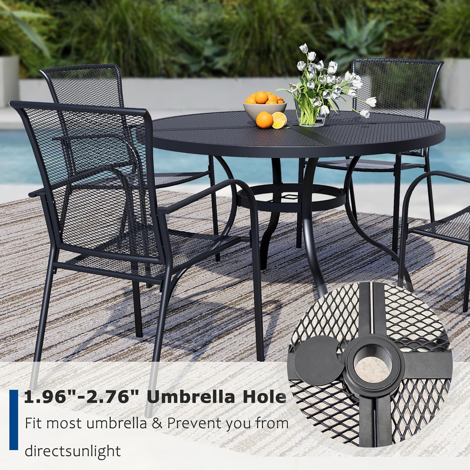 5 Pieces Outdoor Dining Set for 4, Black Metal Mesh Outdoor Dining Table and 4 Black Metal Mesh Stackable Patio Chairs with Armrest, Patio Table and Chairs Set for Lawn Garden Backyard
