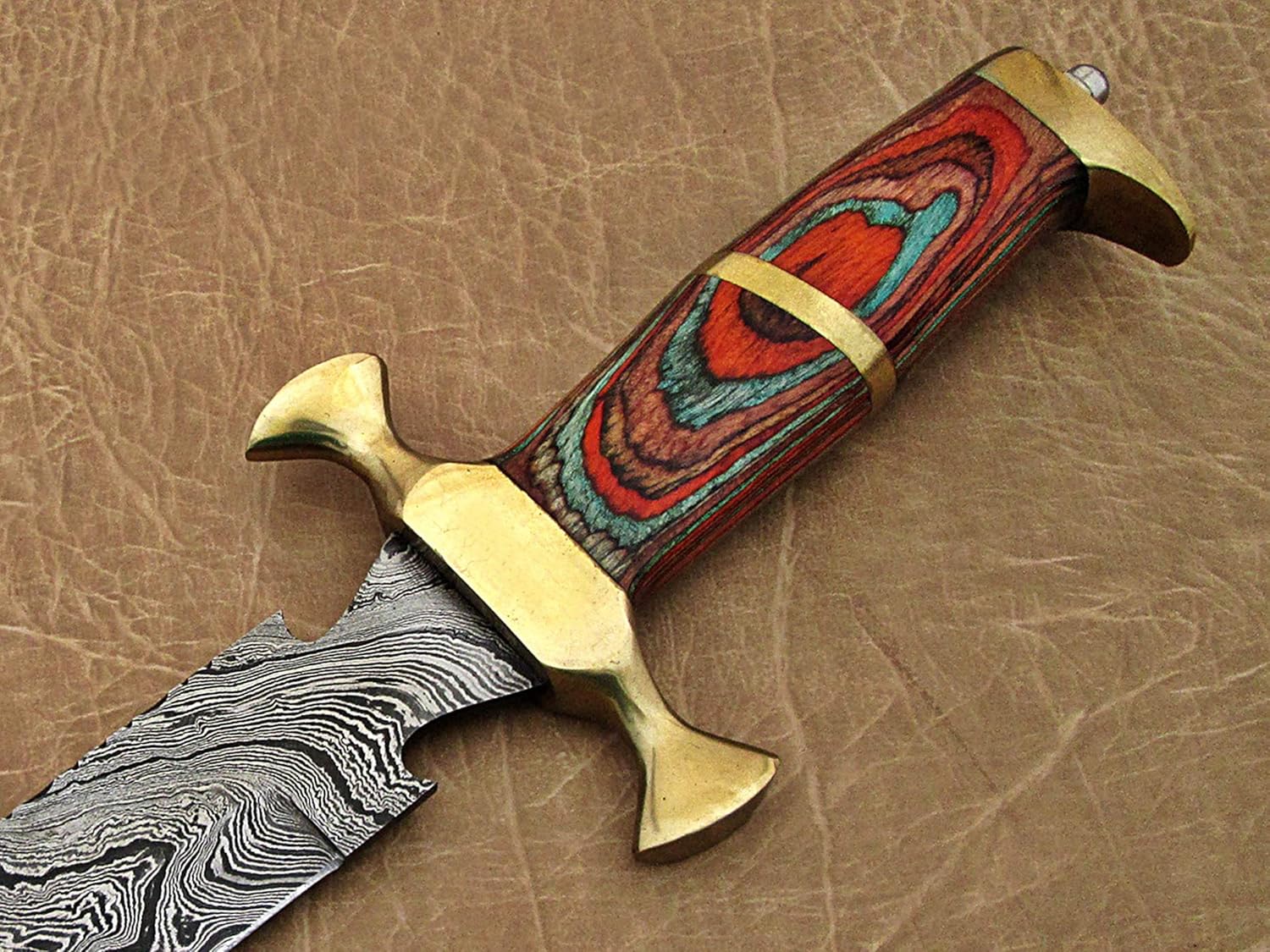 15" Long Hunting Bowie Knife, Hand Forged Damascus Steel, Red Dollar Wood with Brass Pommel & Finger Guard, Cow Leather Sheath (Multi Color)