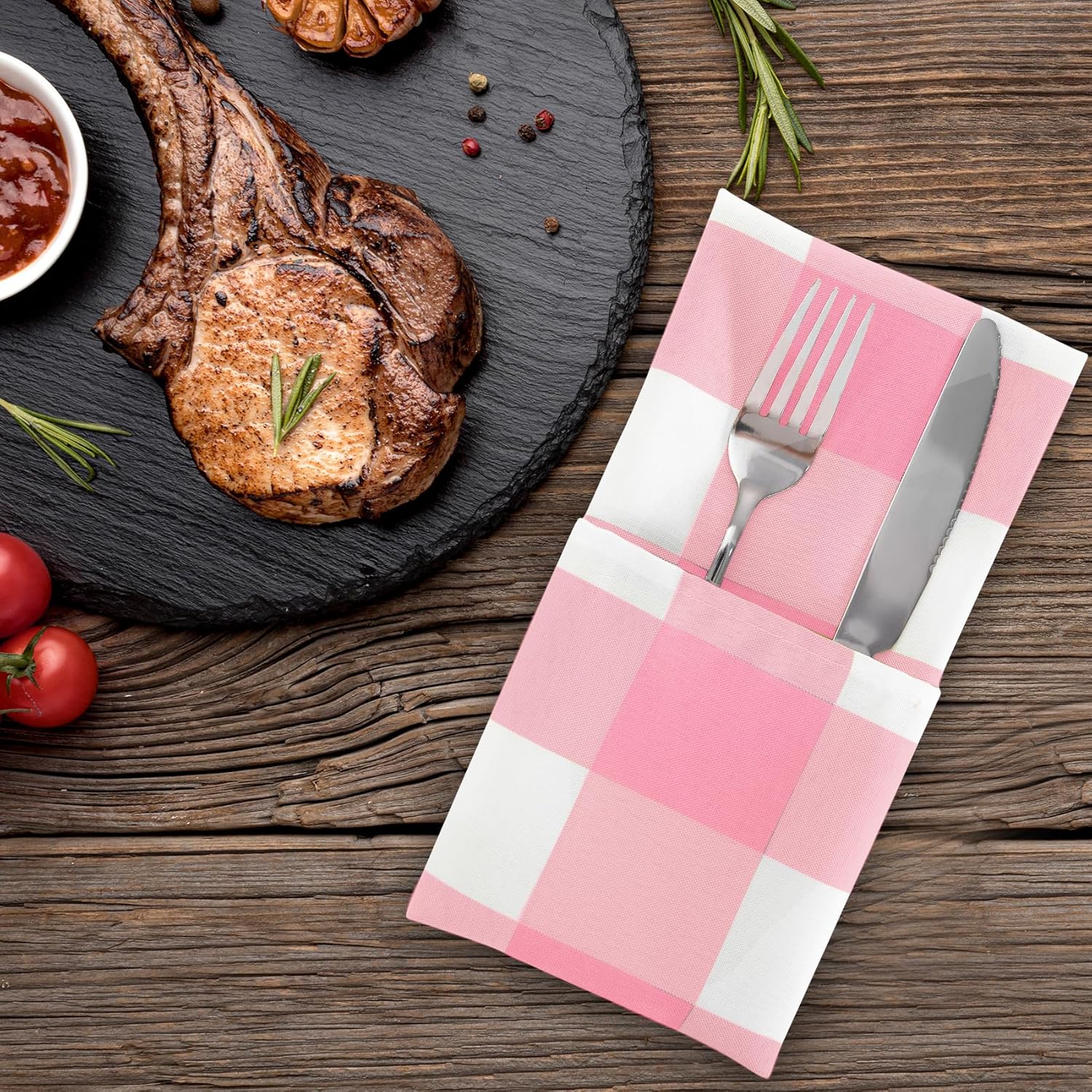 Buffalo Plaid Table Napkins Set of 50 Checkered Cloth Napkins 17x17 inch Washable Dinner Gingham Pattern Napkins Soft Napkins for Wedding Party Dining Banquet(Pink and White)