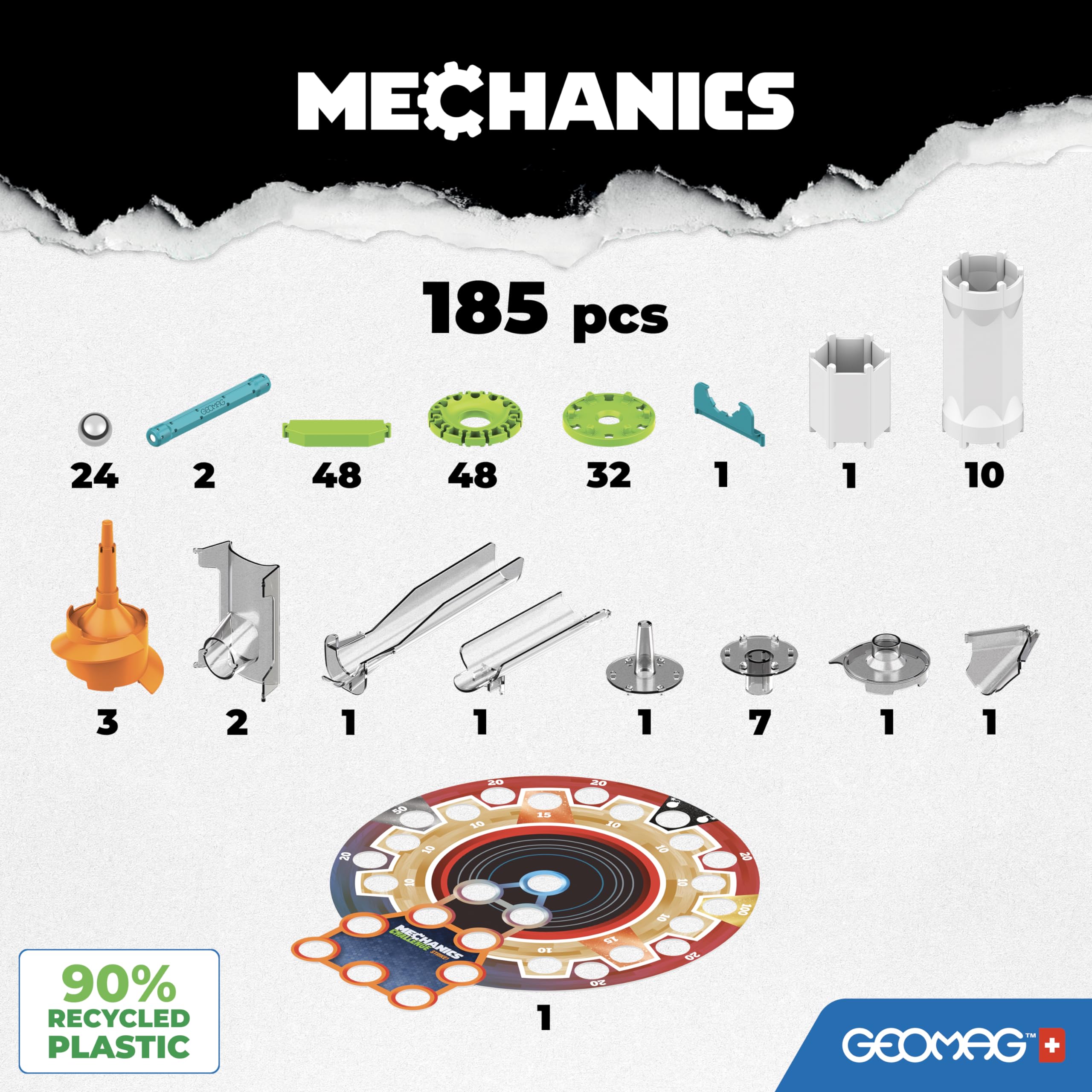 GEOMAG - Mechanics Challenge Strike -185 Piezas - Juego de Circuito de Construcción Magnética para Niños a Partir de 8 años - 90% Plástico Reciclado - 1 a 4 Jugadores - Hecho en Suiza