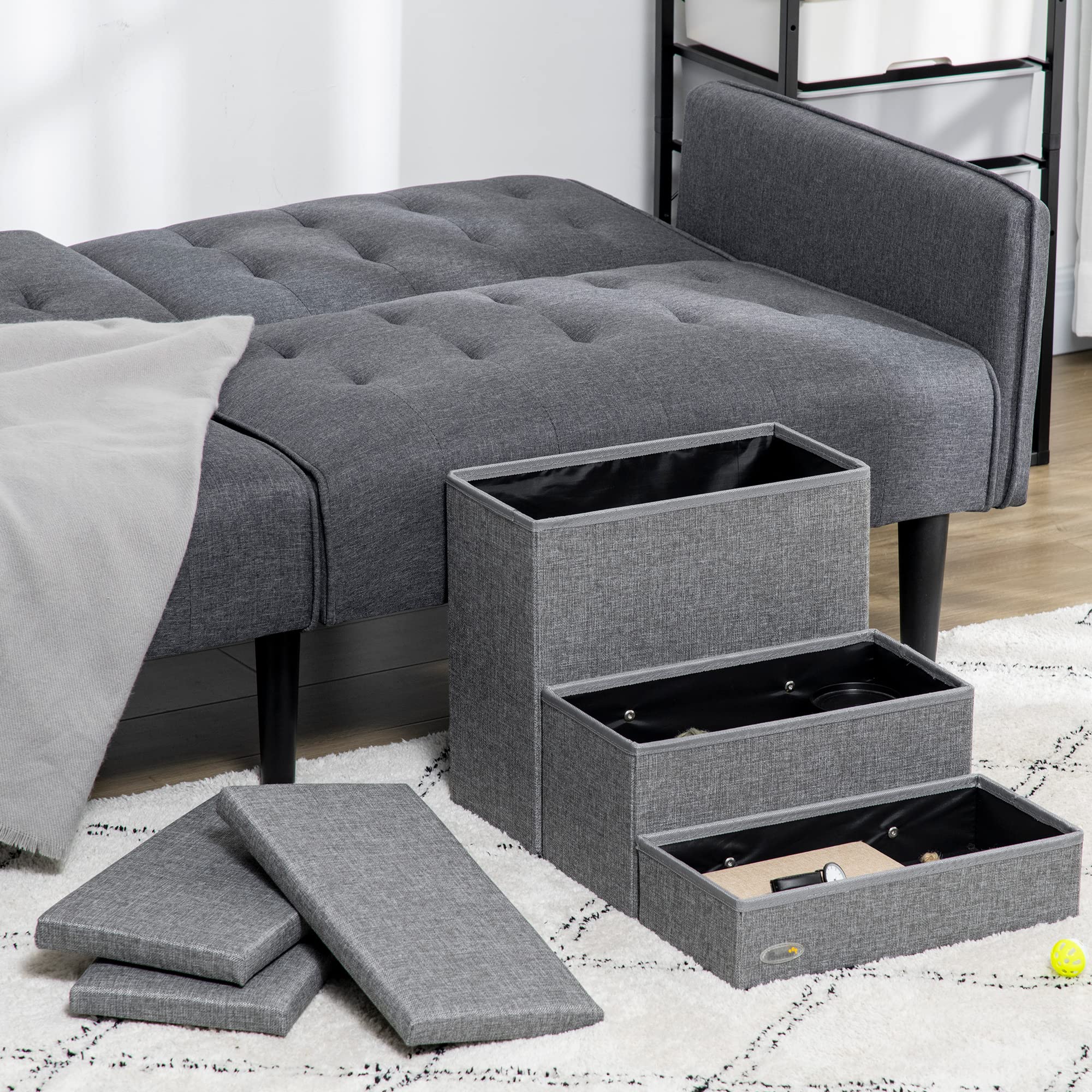 PawHut Escalera para Mascotas para Perros Gatos 63,5x42,5x40,5 cm Gris | 3 Peldaños, Escalones, con Tapas Abribles, Espacio de Almacenamiento