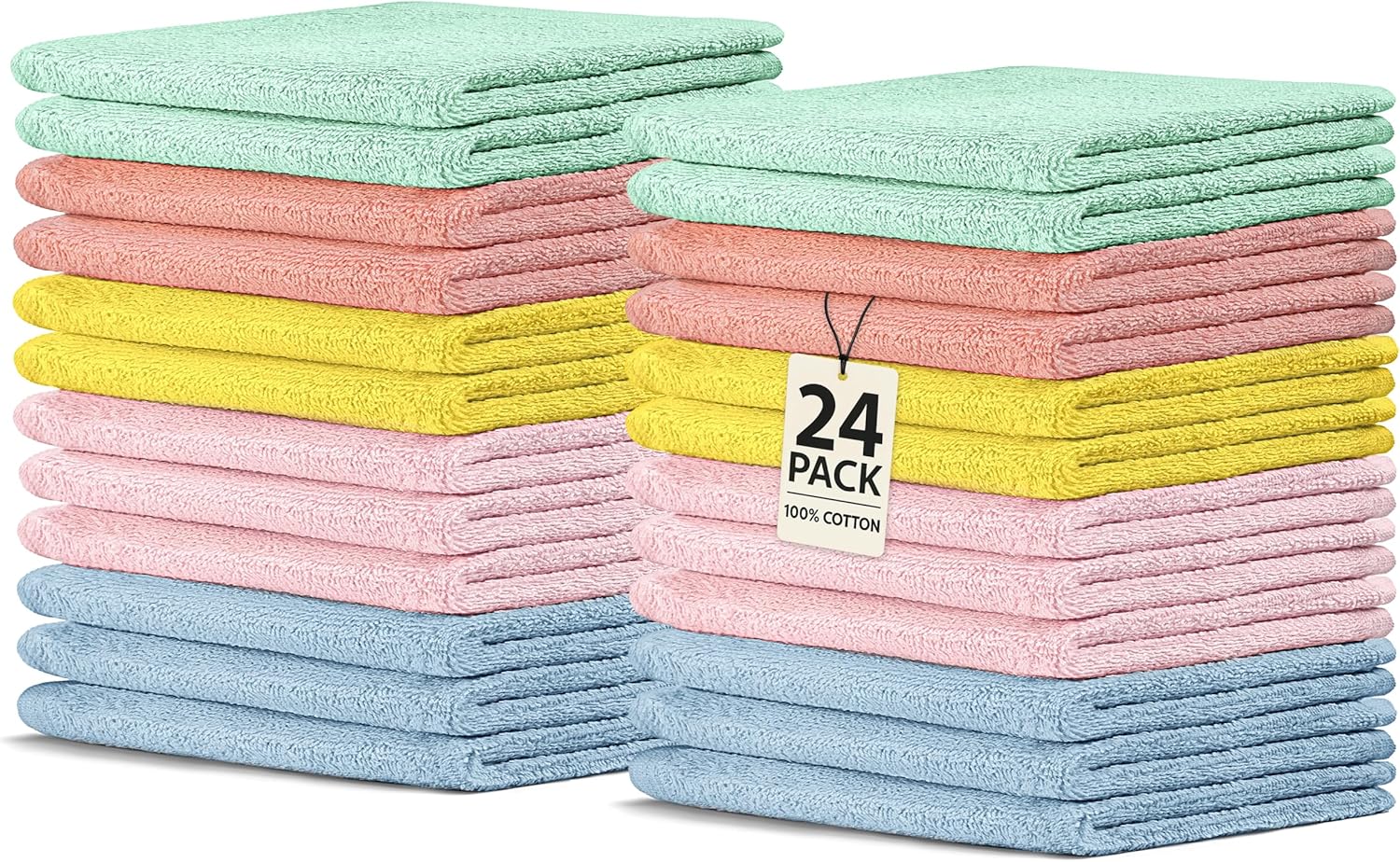 Crystal Ridge Cotton Wash Cloths 24 Pack - Washcloths for Showering, Face and Body, Soft and Highly Absorbent Multipurpose Towels for Bathroom, Kitchen, Spa and Gym - Wash Rags 12 x12 (Pastel)