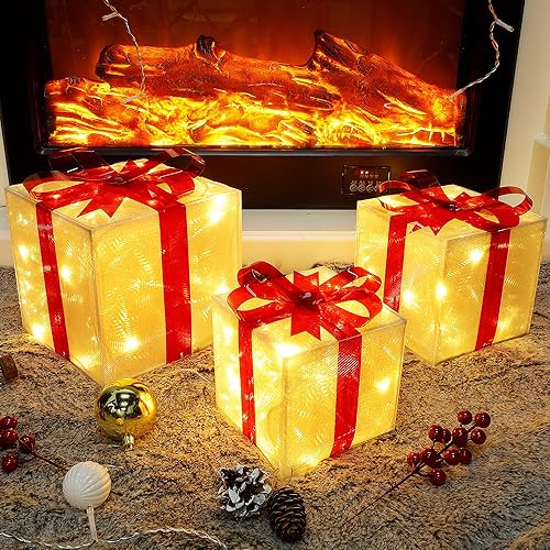 Miniatura 13 de Lulu Home Juego de 3 cajas de Navidad iluminadas, 60 luces LED con lazo, cajas de Navidad enchufables para árboles de Navidad, fiestas, decoración