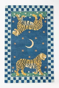 Double Tiger Blue Area Rug 4 x 6 Handmade Wool Area Rugs Blue Rugs for Living Room, Bedroom Anti-Skid Carpets with Non-Slip Natural Backing with 100% Cotton