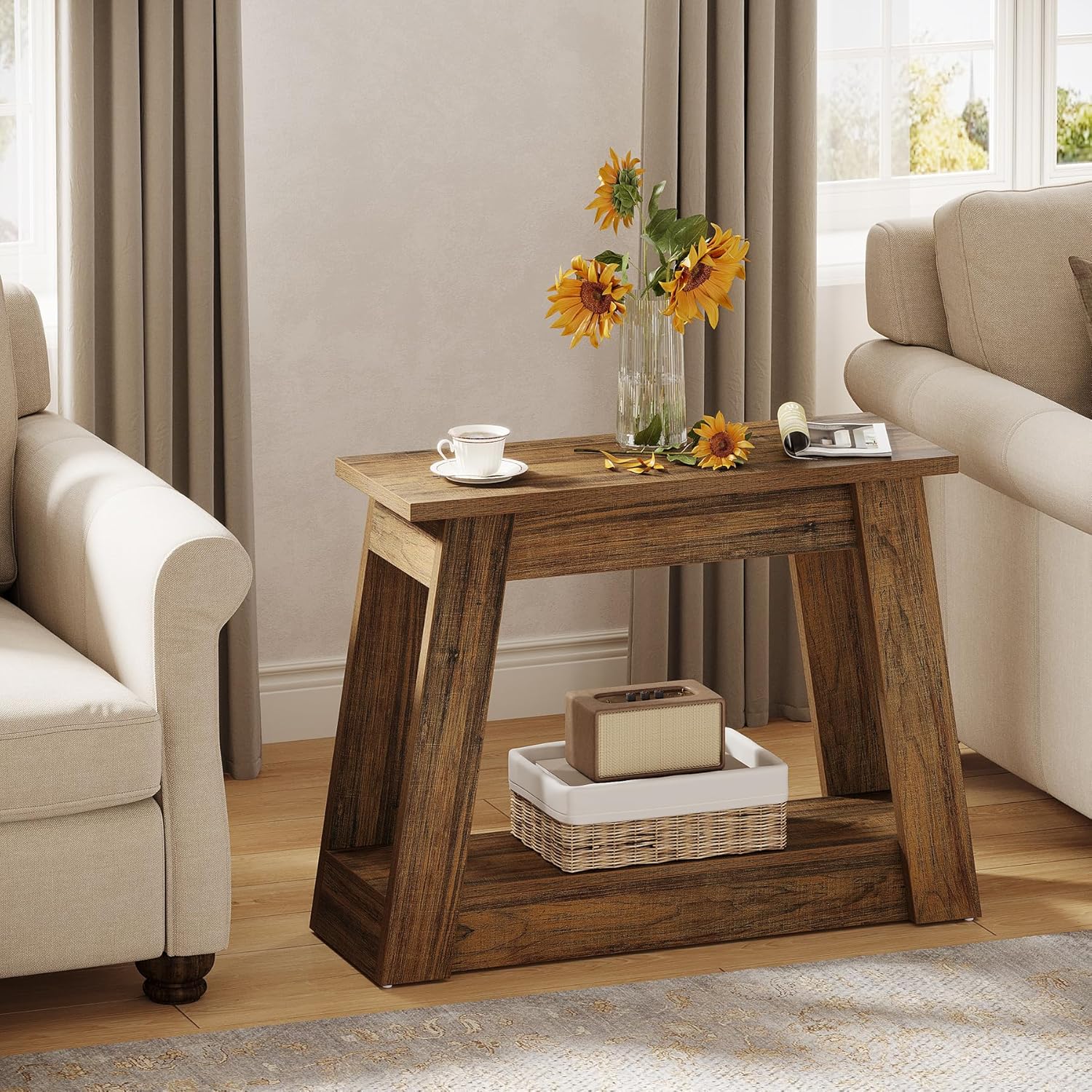 Tribesigns Wood End Table, Small Side Table with 2 Storage Shelves, Rustic Accent Narrow Nightstand for Living Room, Bedroom (1, Rustic Brown)