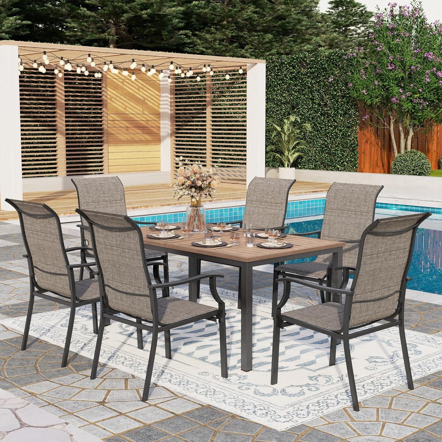 PHI VILLA 7 Piece Patio Dining Set, 6 Padded High Back Patio Dining Chairs & Brown Metal Slat Table Top with 1.6" Umbrella Hole, Outdoor Dining Set for All Weahter