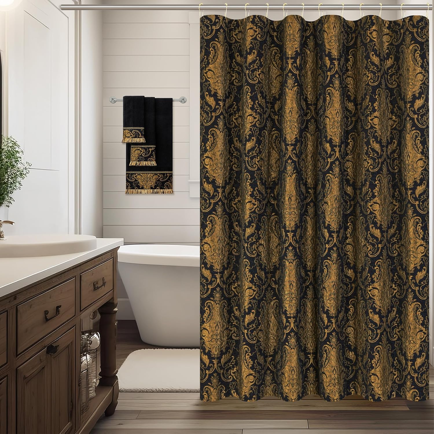 Loom and Mill Textured Fabric Shower Curtain Set With 12 Metal Hooks, Black Damask Bathroom Shower Curtain Sets Classic Medallion Design, Waterproof Heavyweight Shower Curtain For Home Bathroom(72x72)