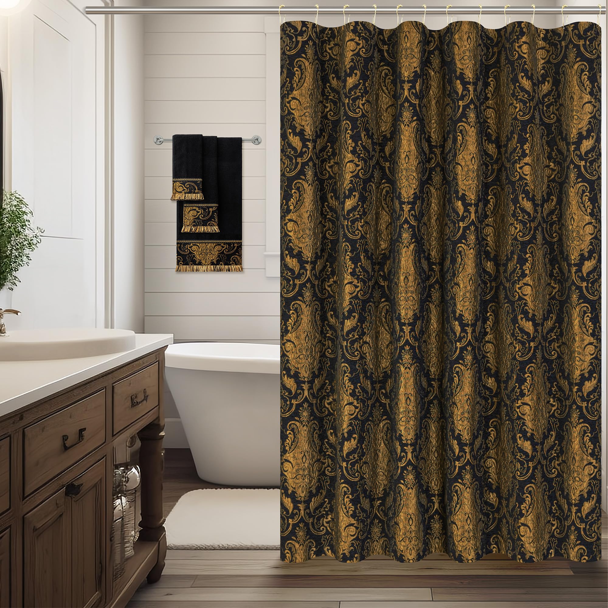 TOPLUXE Damask Shower Curtain with 12 Metal Hooks 180x180cm, Black