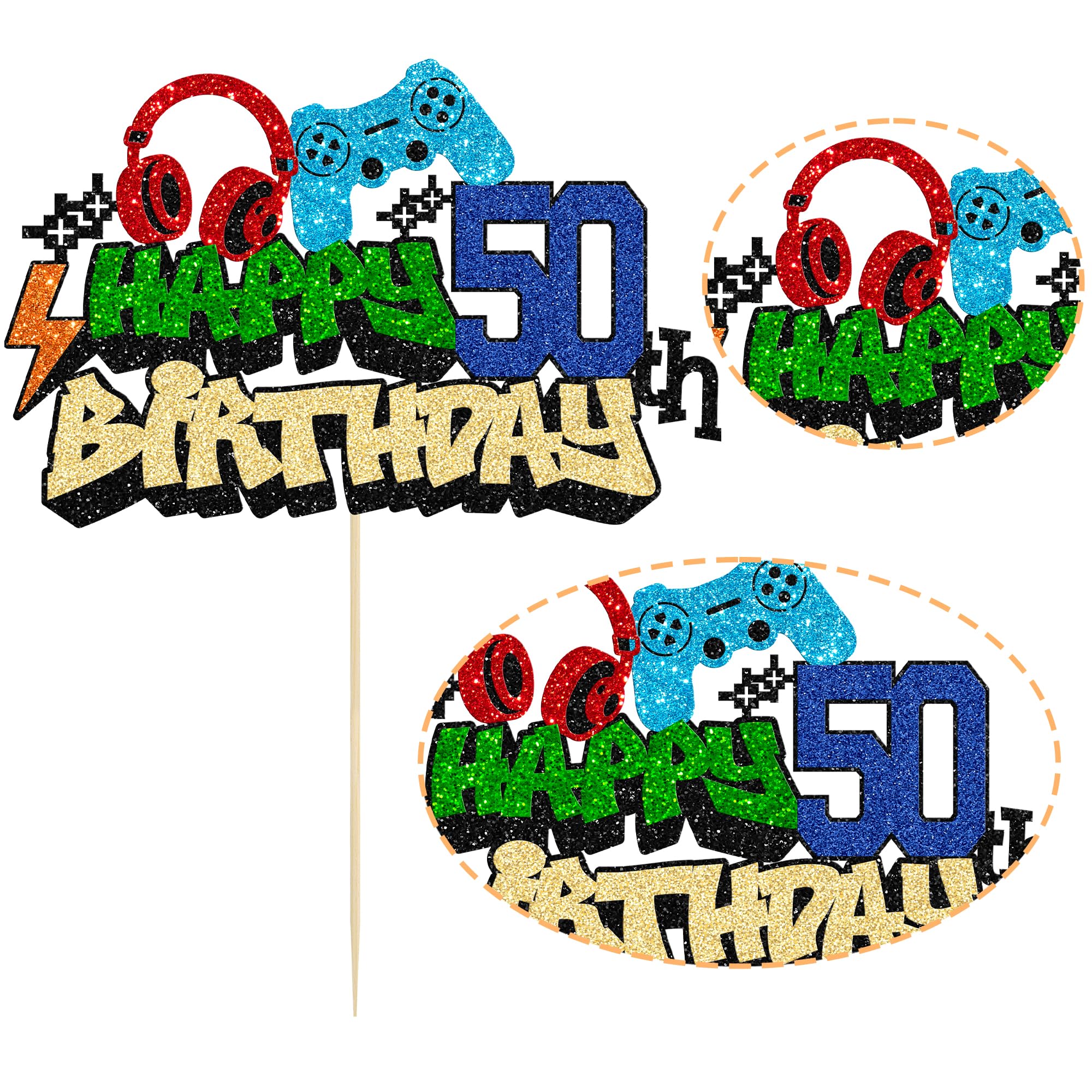 Gyufise 1Pcs Happy 50th Birthday Cake Topper Glitter Video Game Cake Pick Game On Controllers Eighteen Cheers to 18 Years Cake Decoration for Game Theme Happy 50th Birthday Party Supplies 2