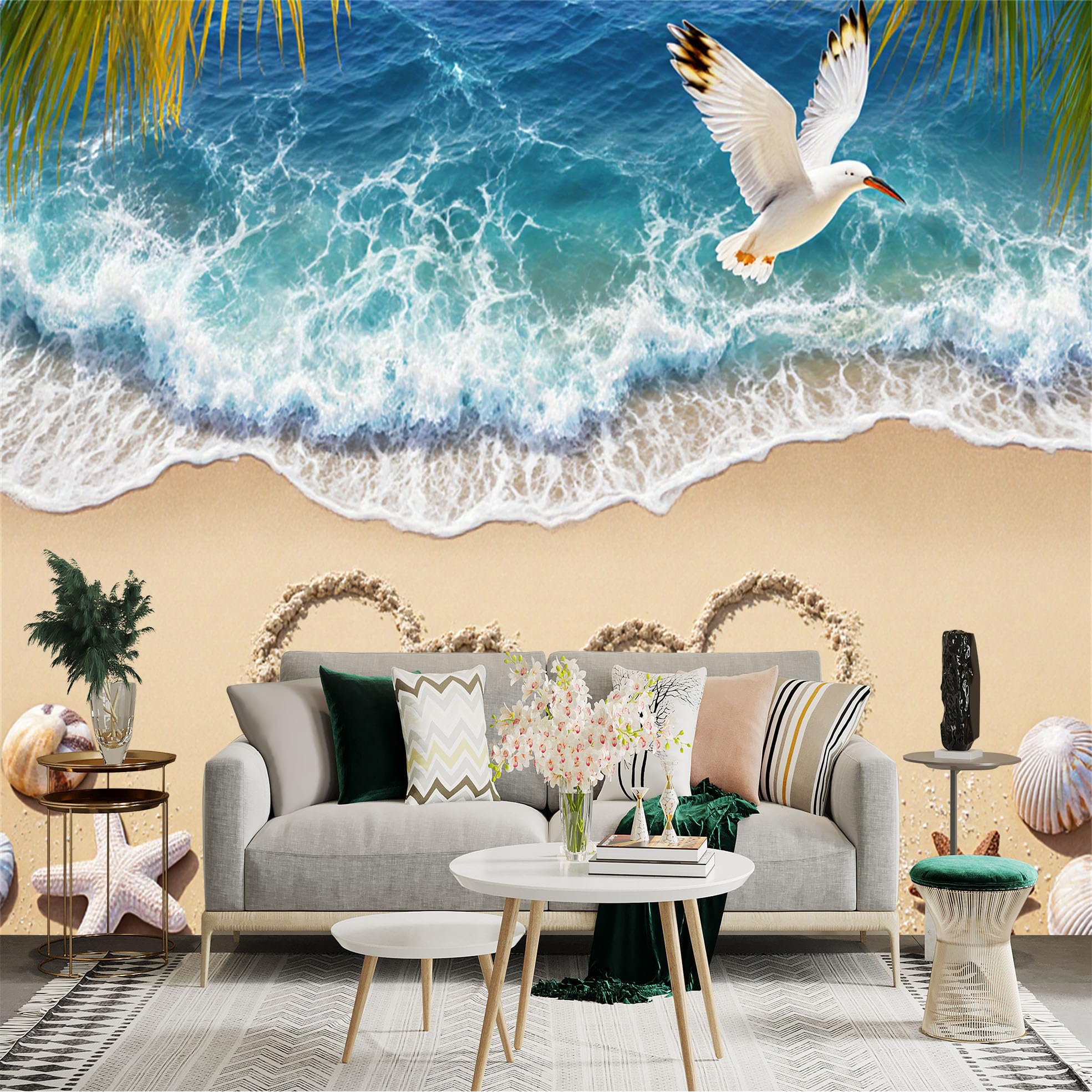 Custom Size Wall Sticker Mural， Tropical Beach with Heart Shapes in Sand， Seagull Flying Over Blue Ocean Waves， Seashells and Starfish， for wall Decoration， peelandstick wall Decals.