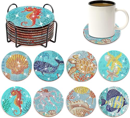 Juego de 8 posavasos de pintura de diamantes, posavasos de arte de diamantes oceánicos con soportes, posavasos de arte de puntos de diamante,