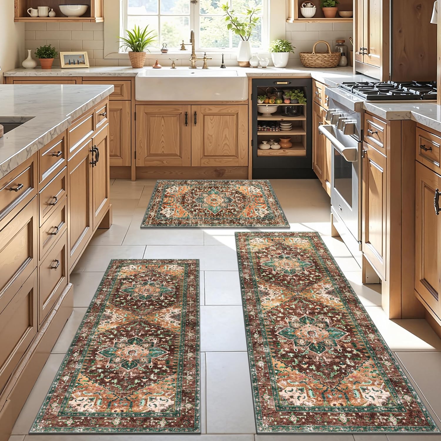 Yamaziot Washable Kitchen Runner Rug Set of 3, Non-Slip Boho Vintage Hallway Rug Runner with Rubber Backing, Stain Resistant & Low Pile Distressed Carpet Runner for Bedroom, Kitchen, Laundry, Entrance