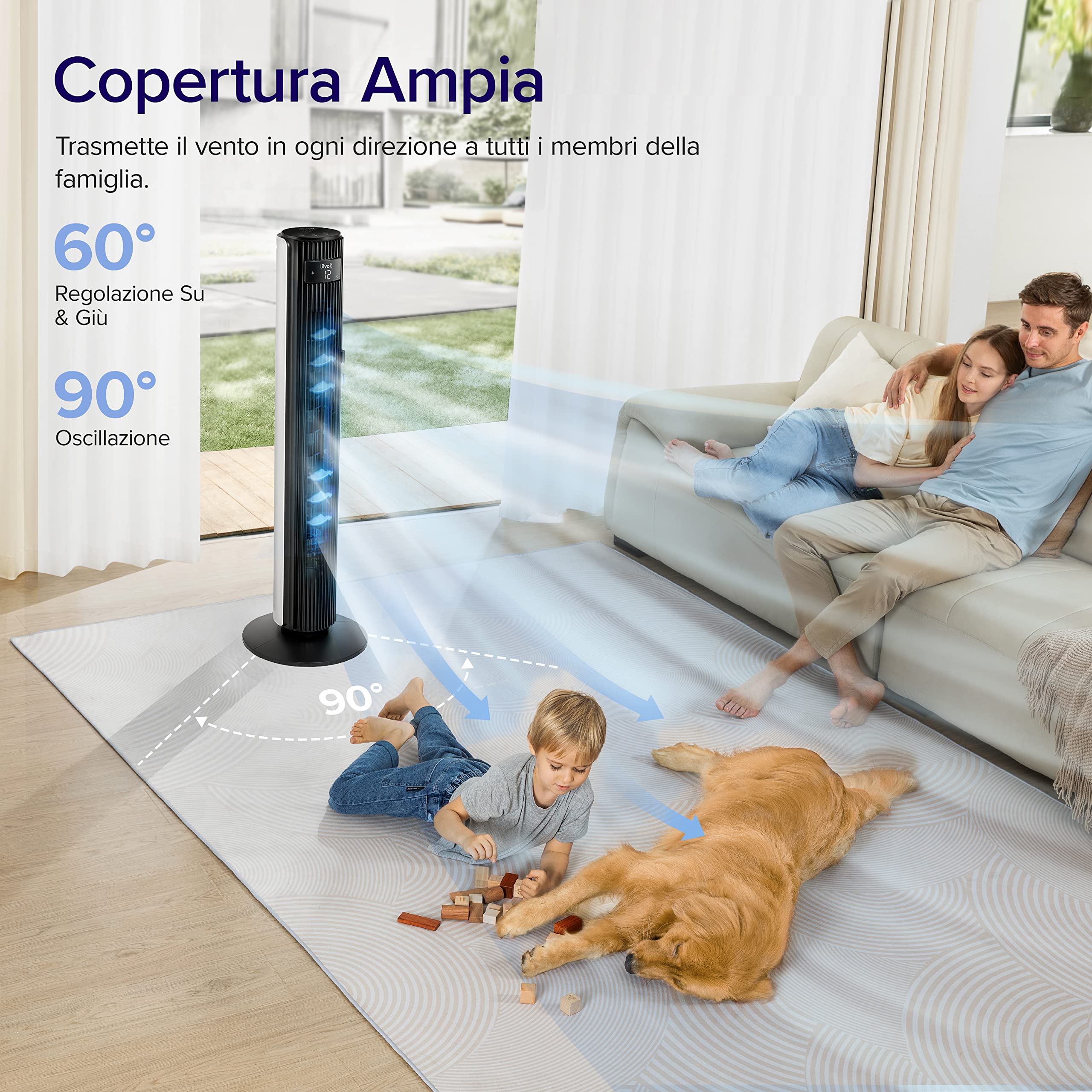 LEVOIT Ventilatore a Torre25 dB| 7,9 m/s| 108 cm, Regolazione 60° Potente 7,9m/s per Camere da Letto, Stanze Grandi, 4 Modalità, 12 Velocità, 1-12H, Telecomando, Bianco Candido
