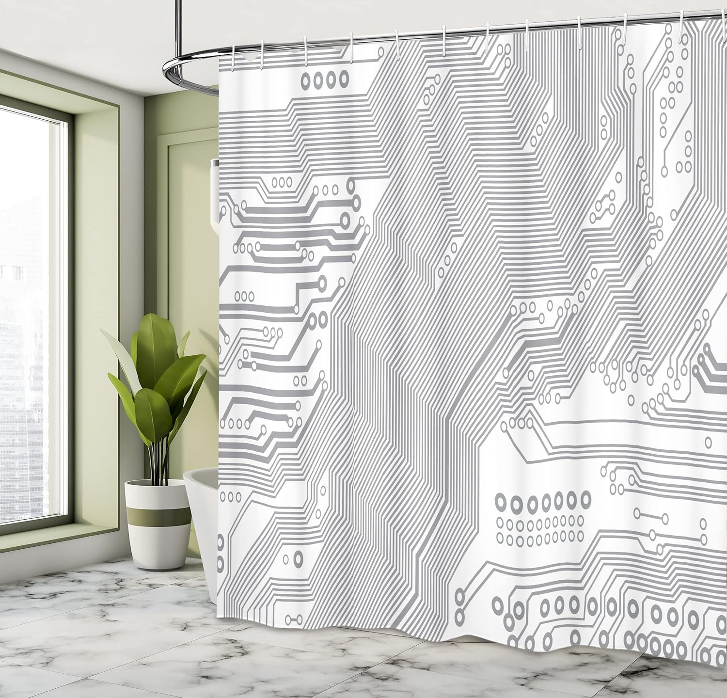 Ambesonne Digital Shower Curtain, Computer Motherboard Electronic Hardware Technical Display Futuristic Plan Design, Cloth Fabric Bathroom Decor Set with Hooks, 69" W x 84" L, White Grey