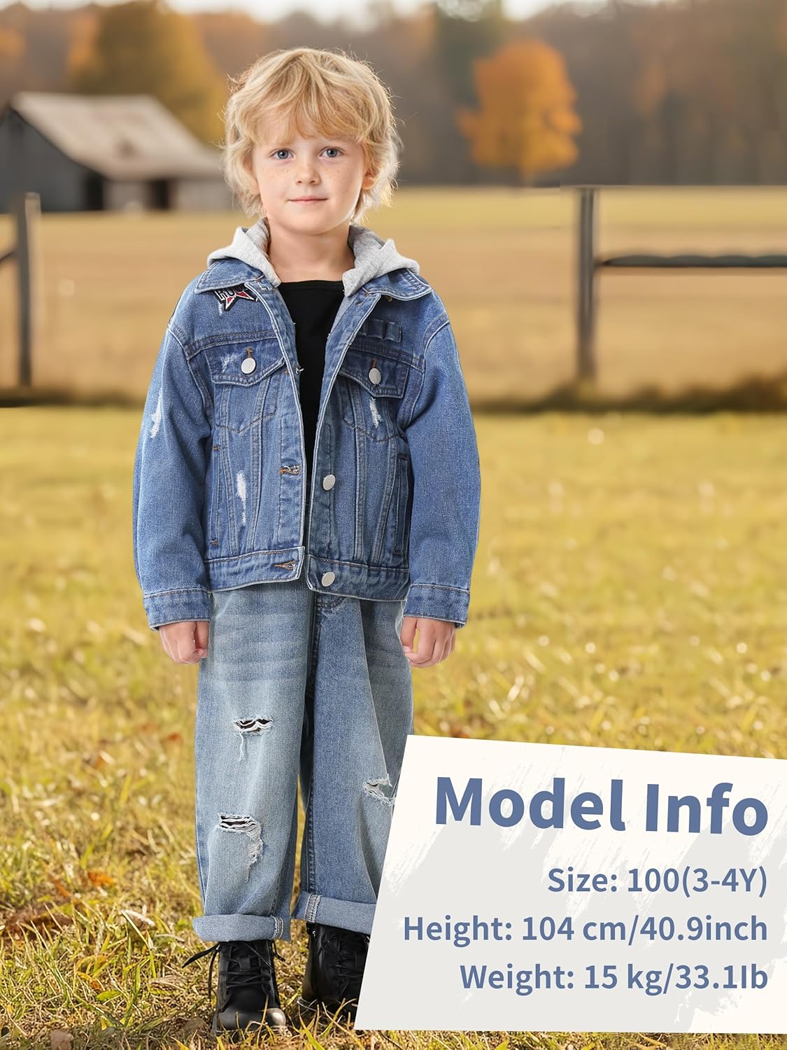 Volunboy Toddler Hooded Denim Jackets Boys Spring Fall Ripped Jean Coat with Hood Long Sleeve Button Down Casual Outerwear