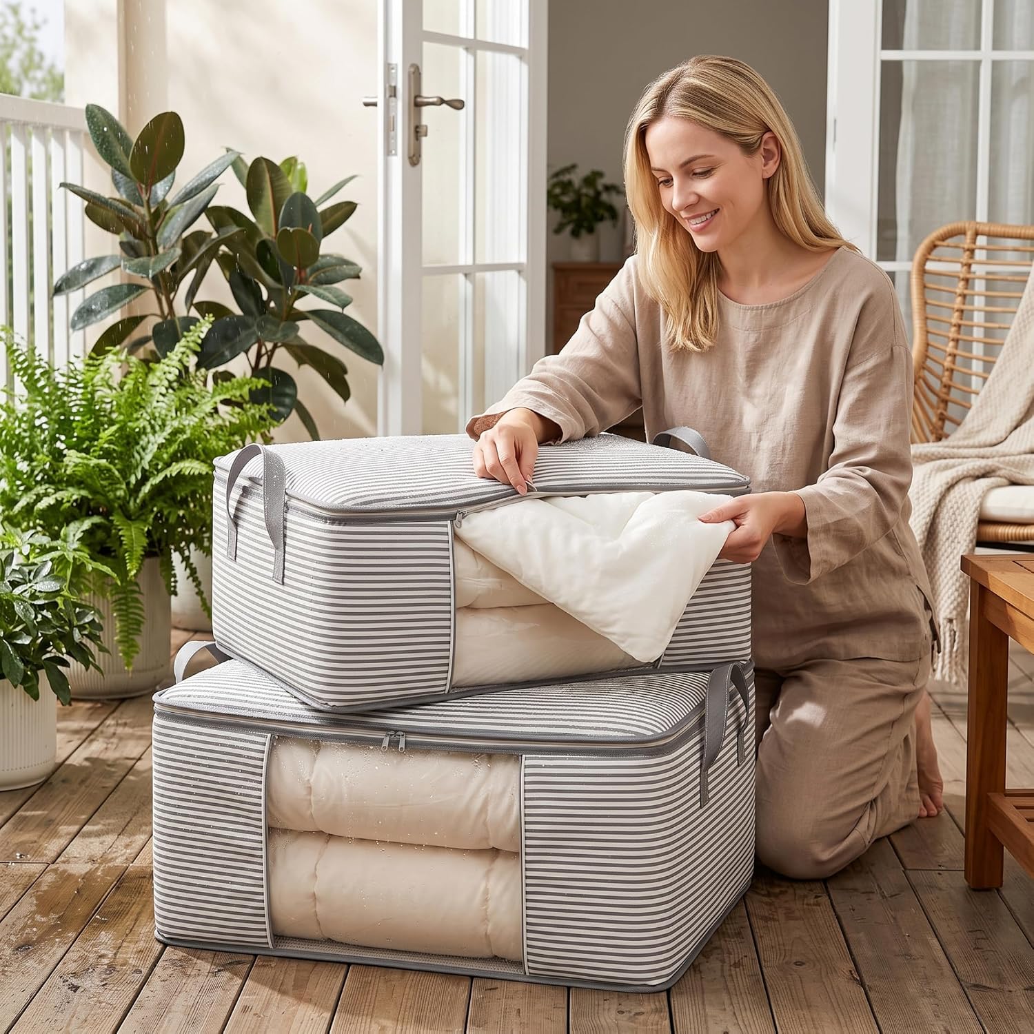 2Pcs Striped Heavy Duty Blanket Storage Bags with Clear Window