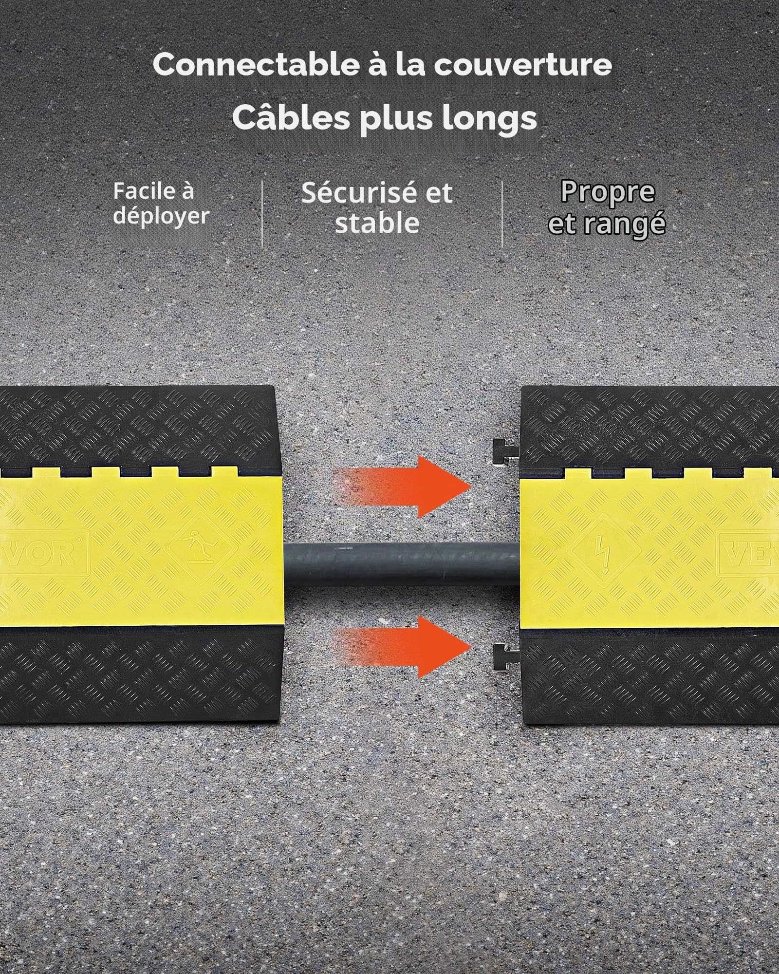 VEVOR Rampe de Protection Câbles, Charge 9979 kg, Passage de Câble au Sol 2 Canaux 100 x 75 mm, Ralentisseur de Vitesse en Caoutchouc avec Couvercle Rabattable, Passe Câble pour Intérieur, Extérieur