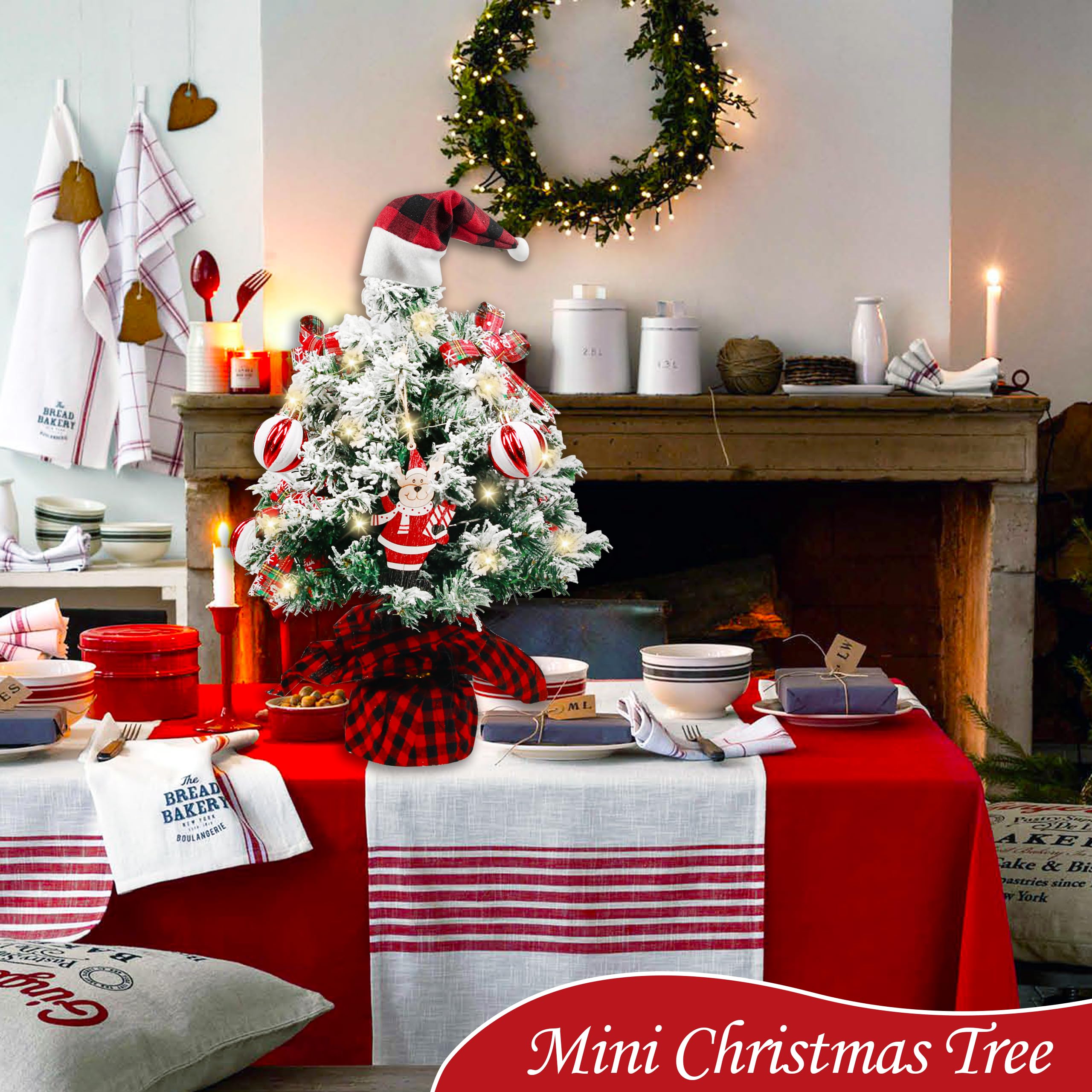 Sunnyglade Mini árbol de Navidad, árbol de Navidad artificial iluminado de mesa de 24 pulgadas con caja de música, etiqueta de reno y bola decorativa, árbol pequeño con LED para decoración de fiestas