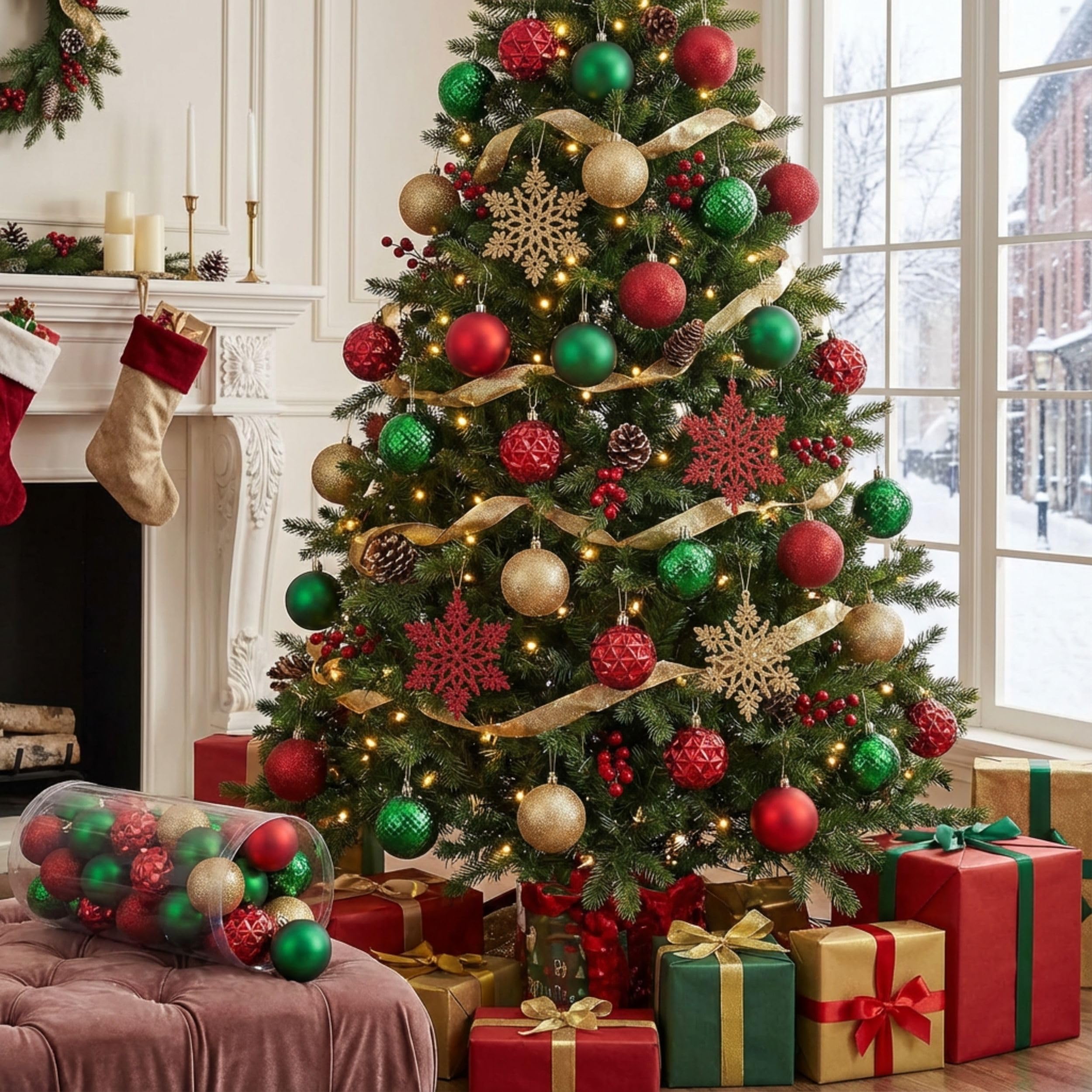Valery Madelyn Lot de 50 boules de Noël en plastique avec crochet de suspension, 5 cm, rouge, vert, doré, décoration de sapin de Noël, avec flocons de neige incassables, décoration de Noël