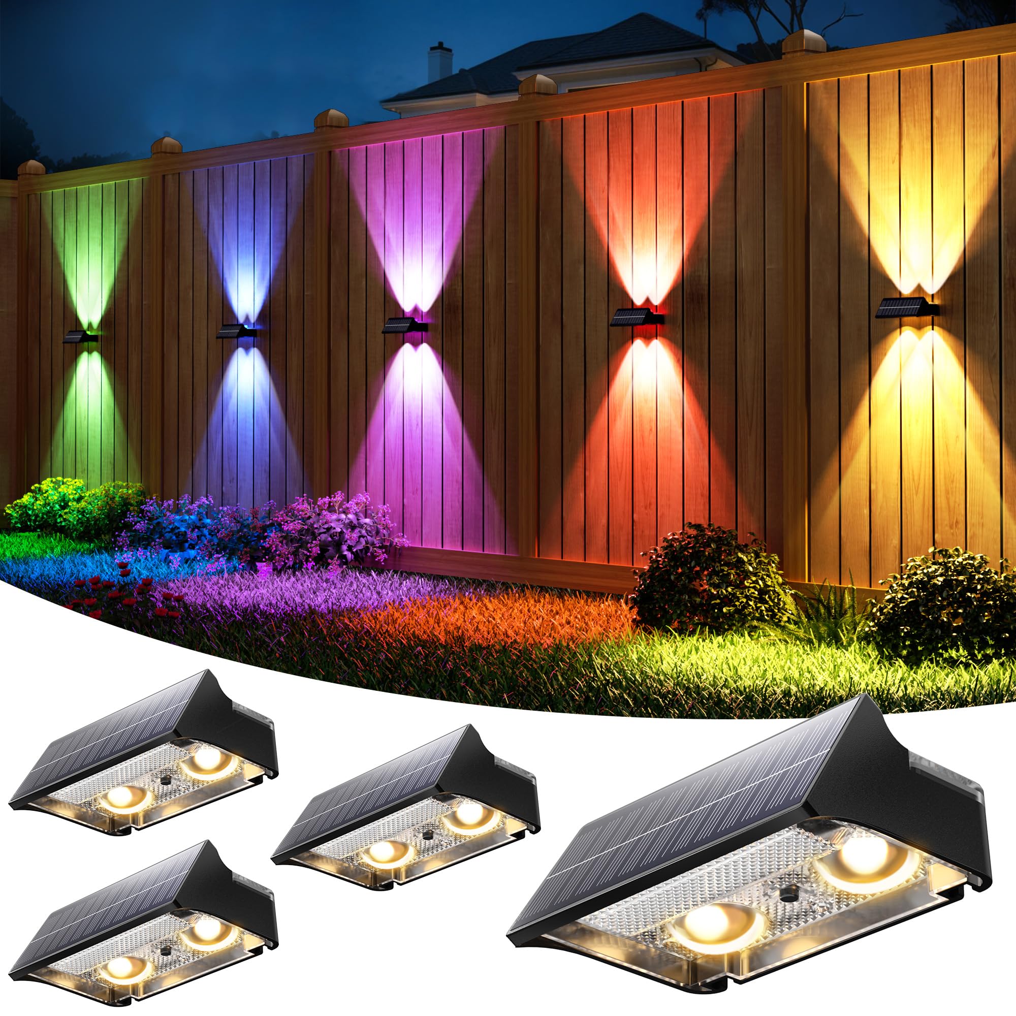 VOLISUN 4 Stück Solar Zaunleuchten für den Außenbereich, 9 Farbmodi und RGB Solar Gartenleuchten, wasserdicht IP65, helle Zaun-Solarleuchten für Garten, Hinterhof, Zaun, Deck (Schwarz)