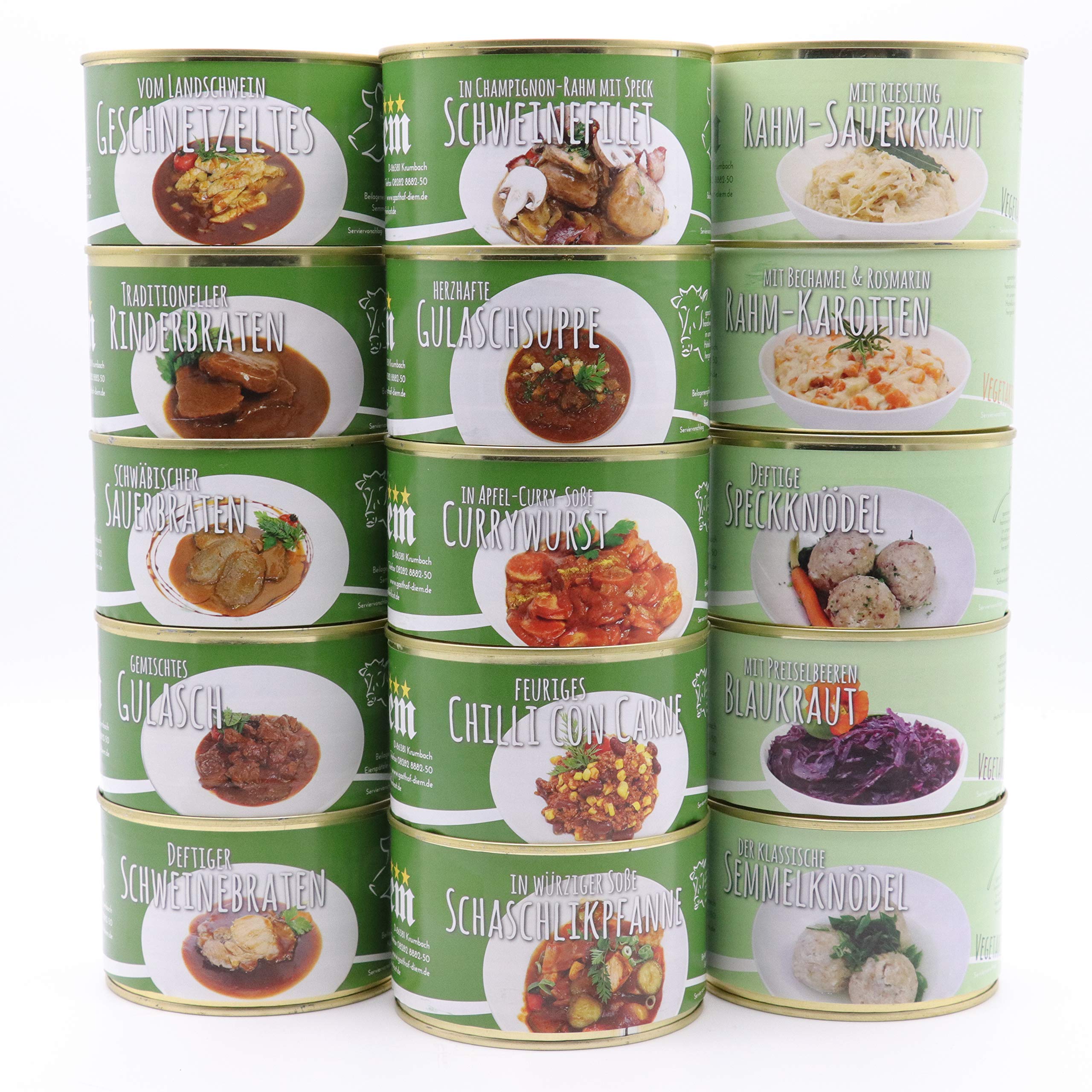 Diem Genießer-Rationspaket – 8 Tage / 8 Menüs (15 x 400 g Dosen) – Schweinebraten, Gulasch, Sauerbraten, Rinderbraten & mehr – Notvorrat, Camping, Outdoor – Hergestellt in Bayern, lange Haltbarkeit